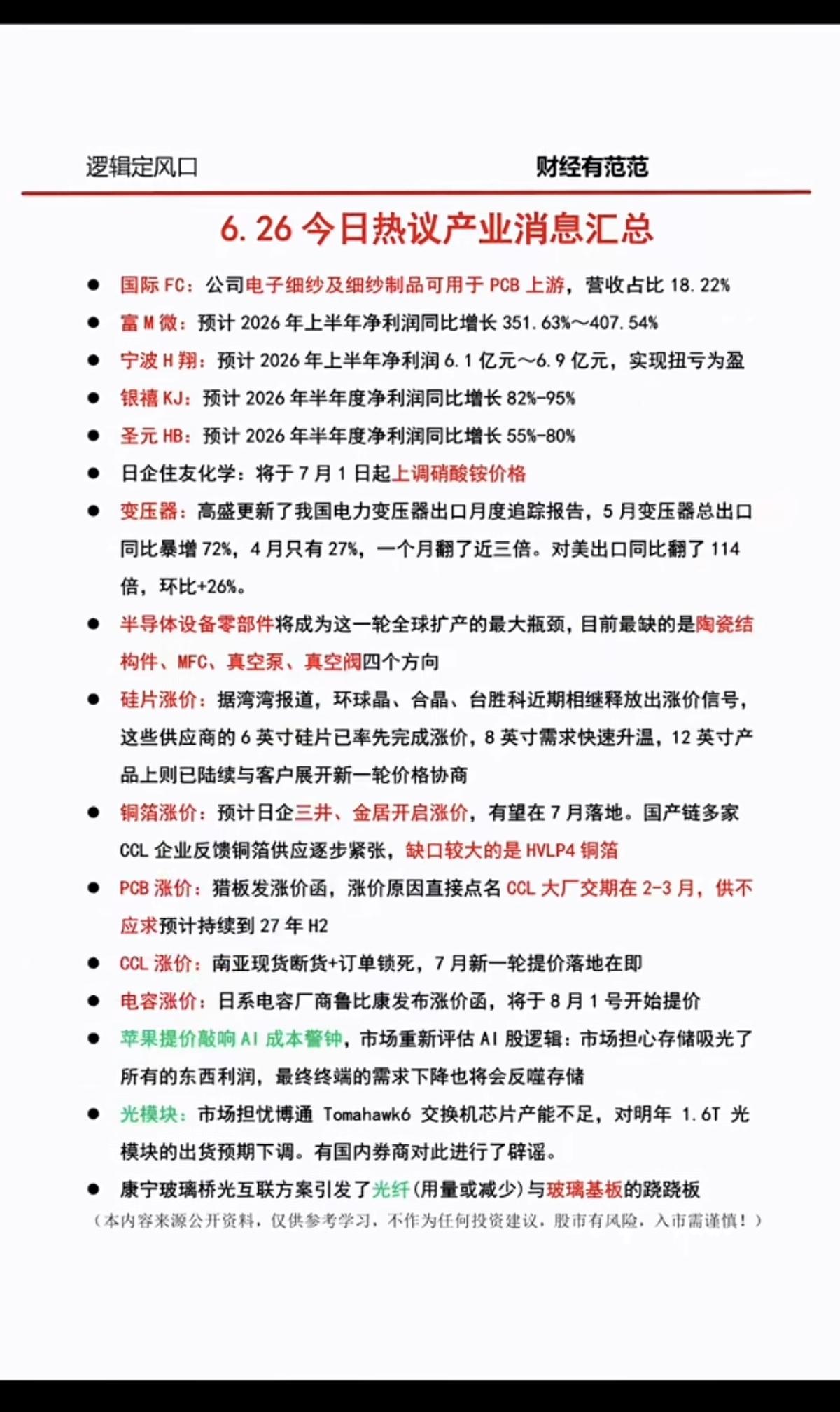 6.26周五  晚间：财经热点汇总！

1.半导体硅片
2.PCB涨价
3.CC