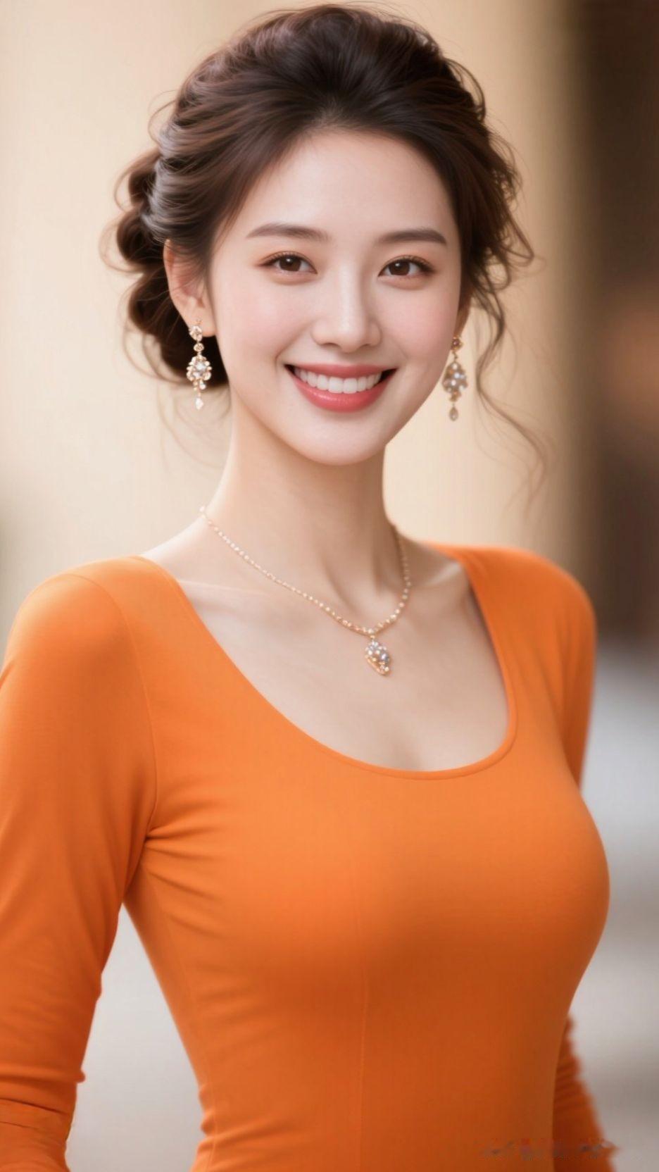这位穿橙色上衣的美女真是太吸睛了。橙色荧光高定上身，瞬间成为焦点。那颜色活力四射