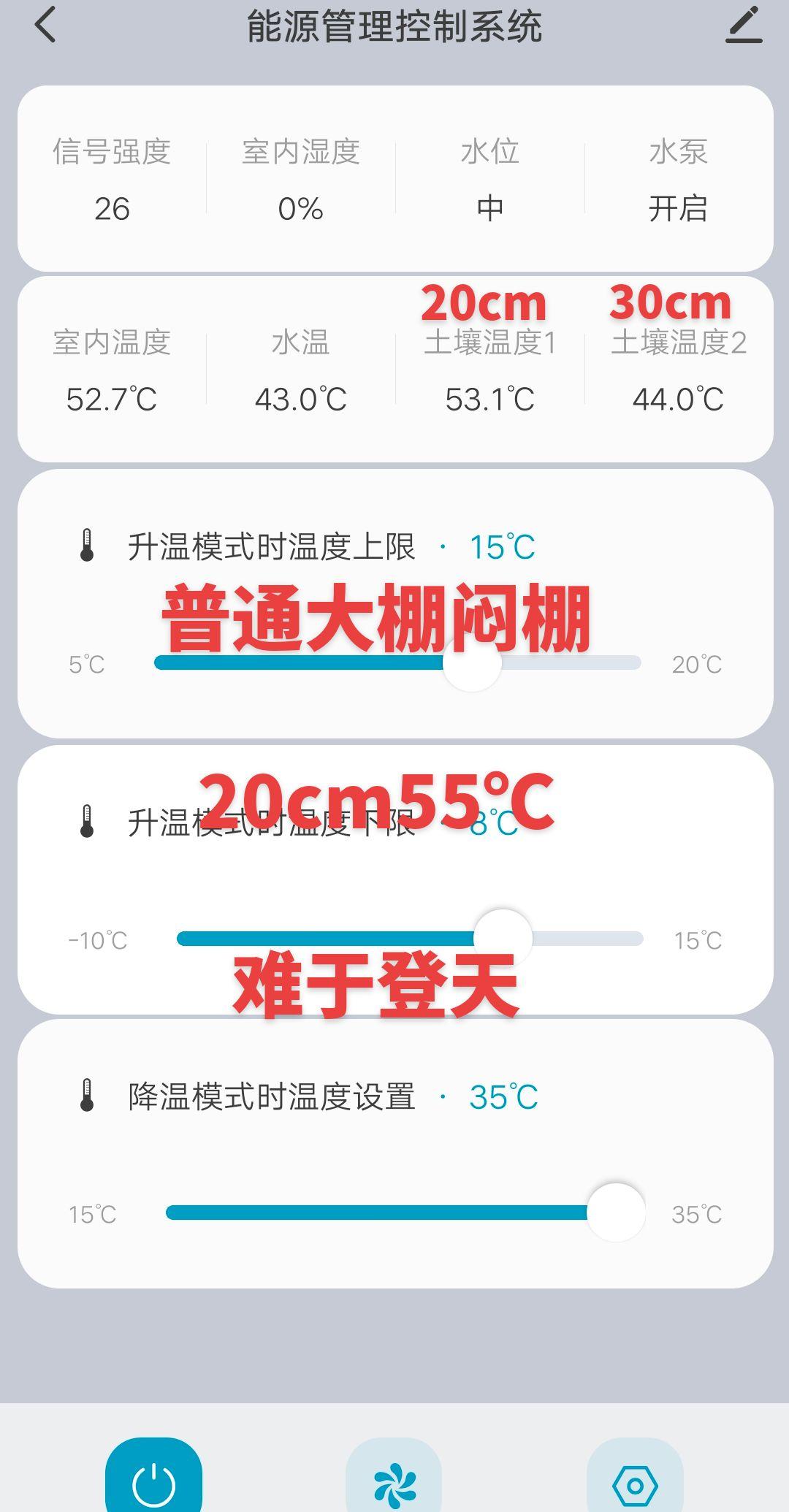 20cm峰值地温，已较对比棚提高10℃+，要达到55℃，还得一个接着的大晴天！大