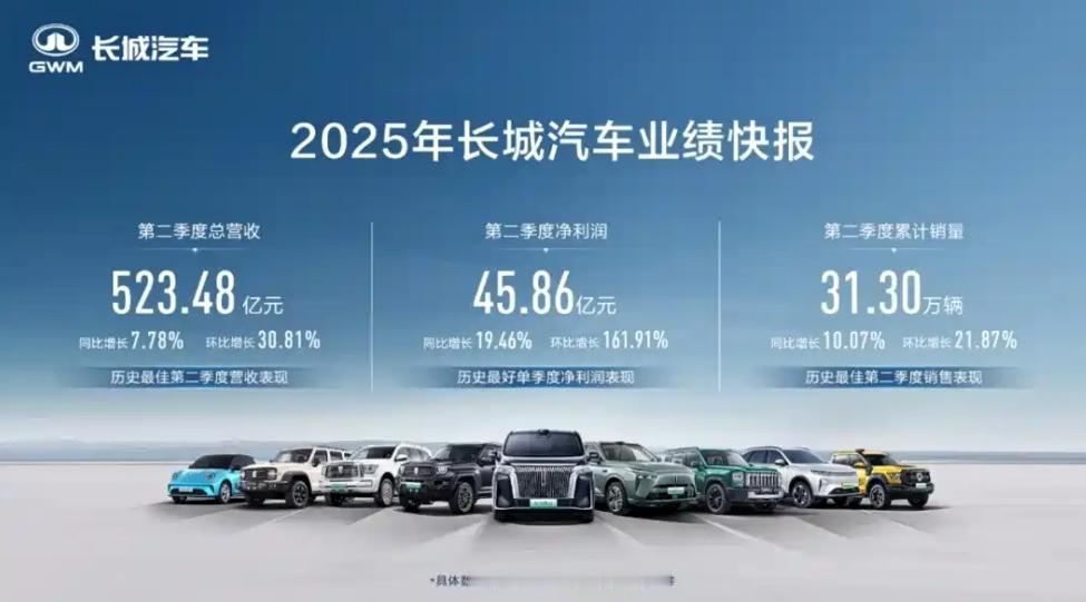 长城汽车 2025 年第二季度业绩亮眼啊 [666]！

营收达 523.48 