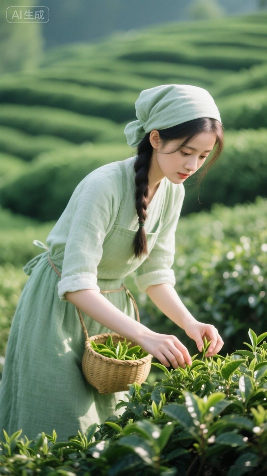 茶园采茶少女，清新自然，绿意盎然