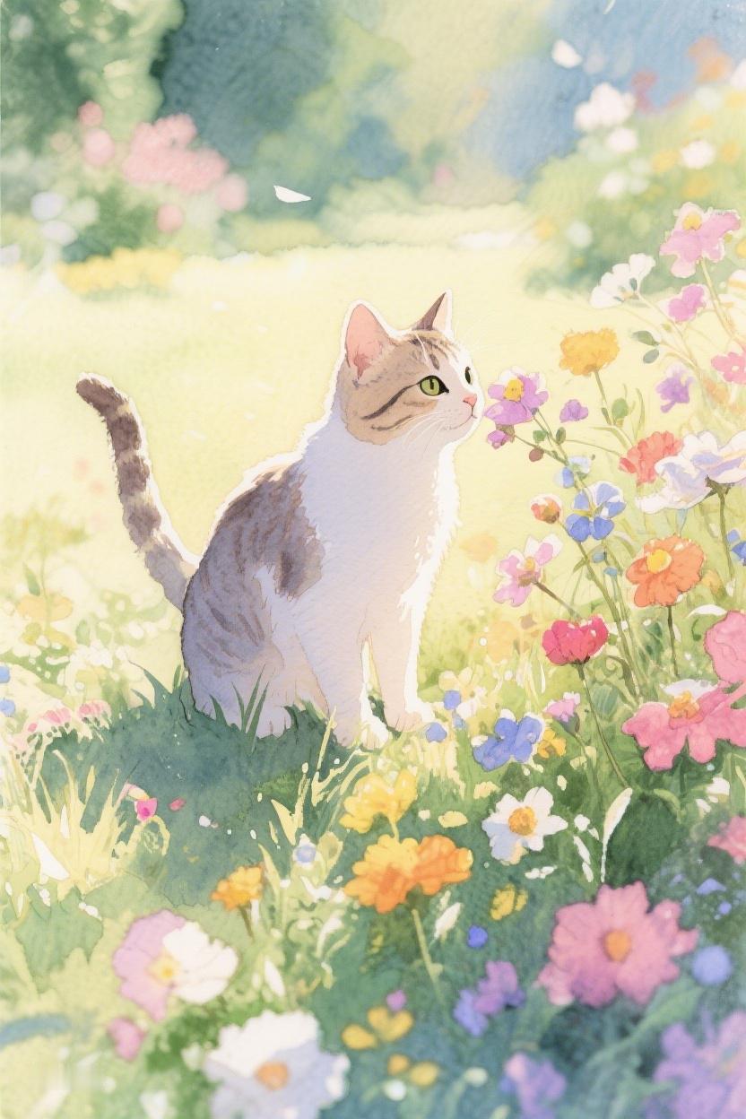 AI随心绘五彩繁花簇拥间，那只猫静静伫立，似在思索生活的诗意与美好✨