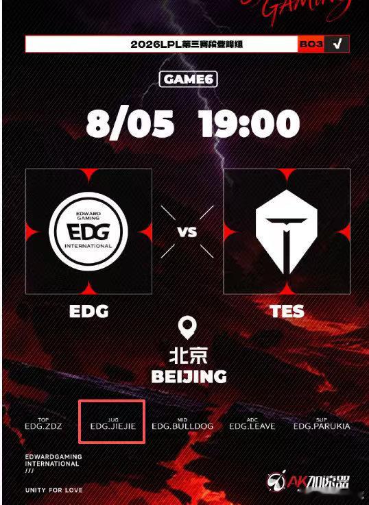 8月5日19:00，EDG对阵TES。Jiejie回归首发打野，搭档Zdz、Bu