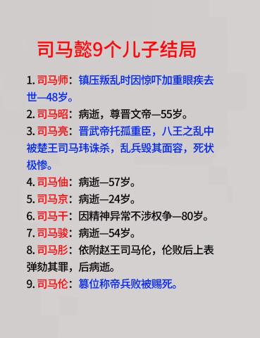 司马懿九个儿子的结局：
各种死法都有，但是有七个儿子是病逝和正常死亡，只有司马亮