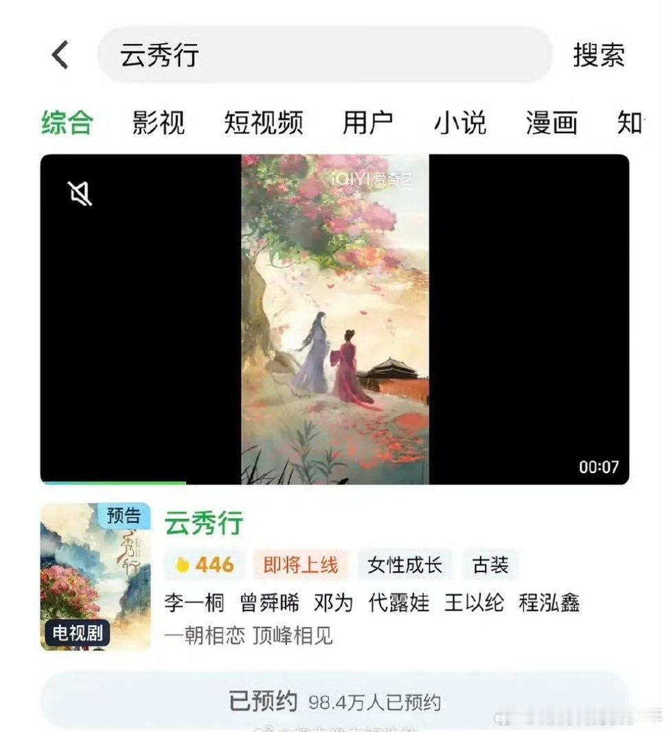 🥝把云起时改为《云秀行》预约98.4万李一桐 曾舜晞  邓为这部剧真的快来了 