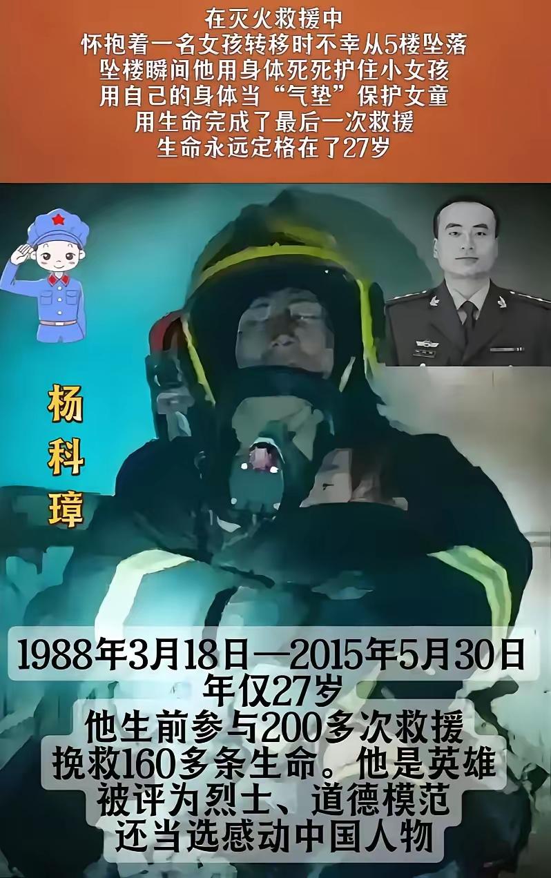27岁消防员杨科璋，火场救女童从五楼坠落。生死一刻，他把孩子紧紧护在怀中，用身体