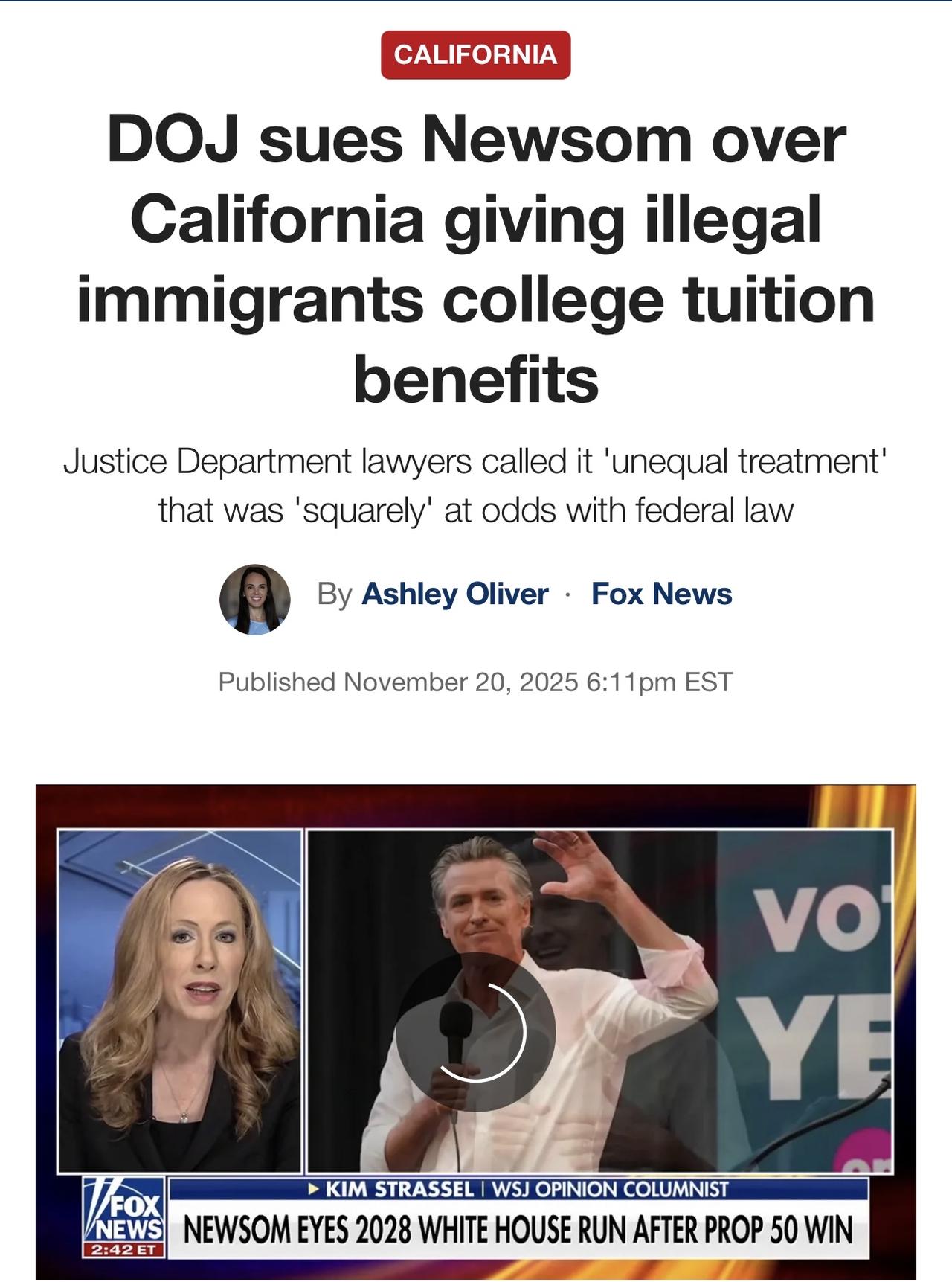 美国司法部在七天内第三次起诉 纽森州长Gavin Newsom 和加利福尼亚州。