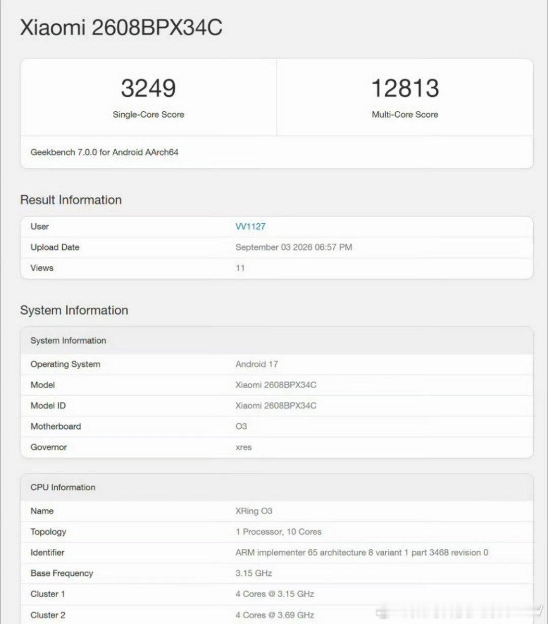 玄戒O3的Geekbench 7（3200/13000）天玑9600 Pro的G