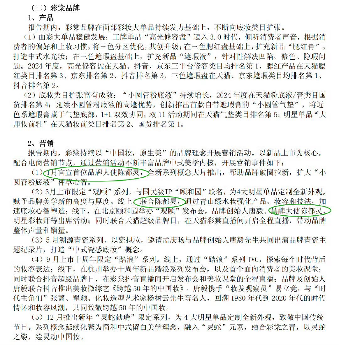 陈都灵登彩棠上市公司财报，财报认证官宣陈都灵为品牌大使直接带动品牌销量和声量，陈