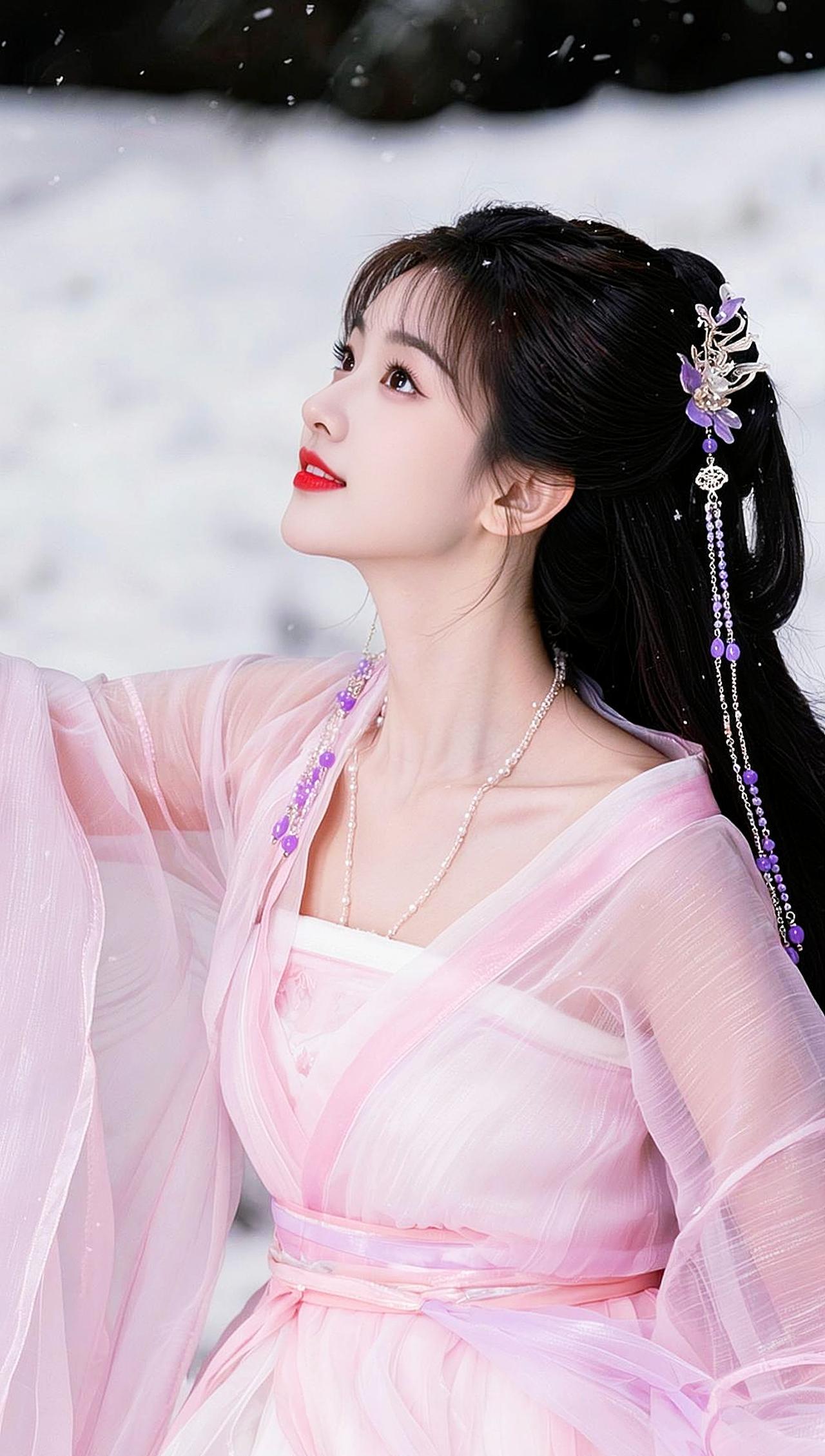 AI粉裳雪景照 抖音ai创作 仙侠女主氛围感 古风少女 汉服雪景