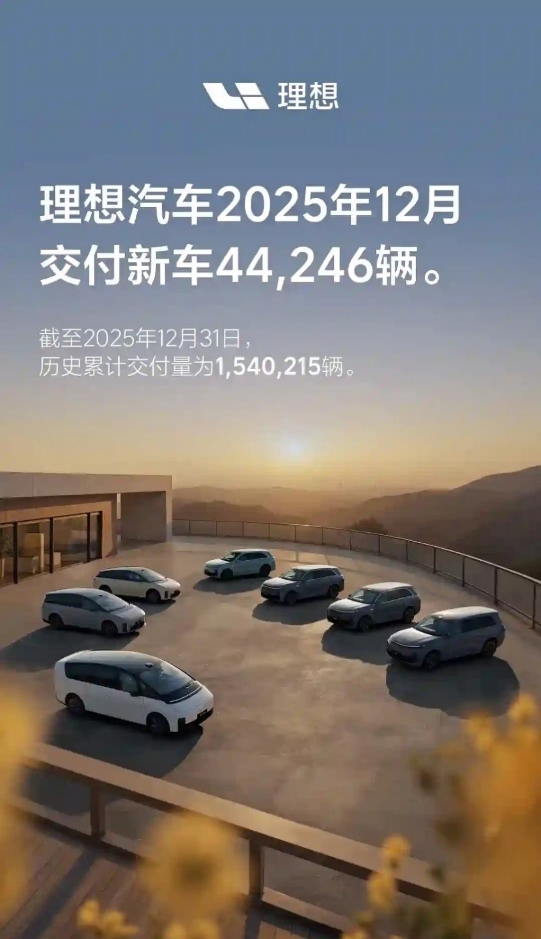 理想汽车公布2025年12月交付数据：单月44246辆、Q4 109194辆，累