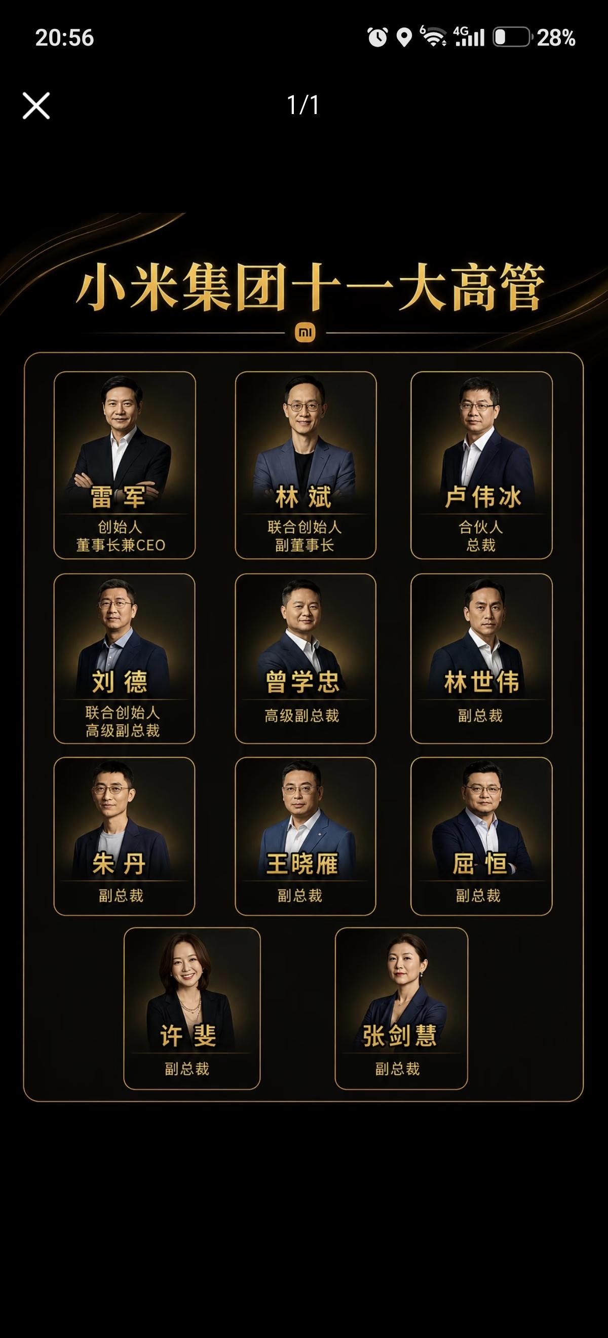 小米集团十一位核心高管里包含九位男性、两位女性，雷军作为创始人、董事长兼CEO掌