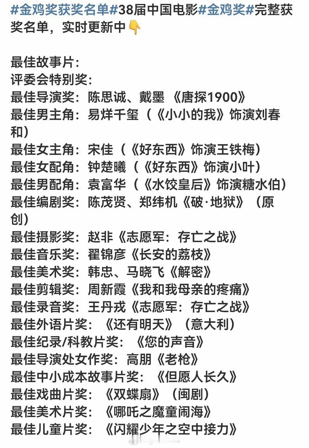 最佳男主角：易烊千玺《小小的我》刘春和最佳女主角：宋佳《好东西》王铁梅最佳女配角