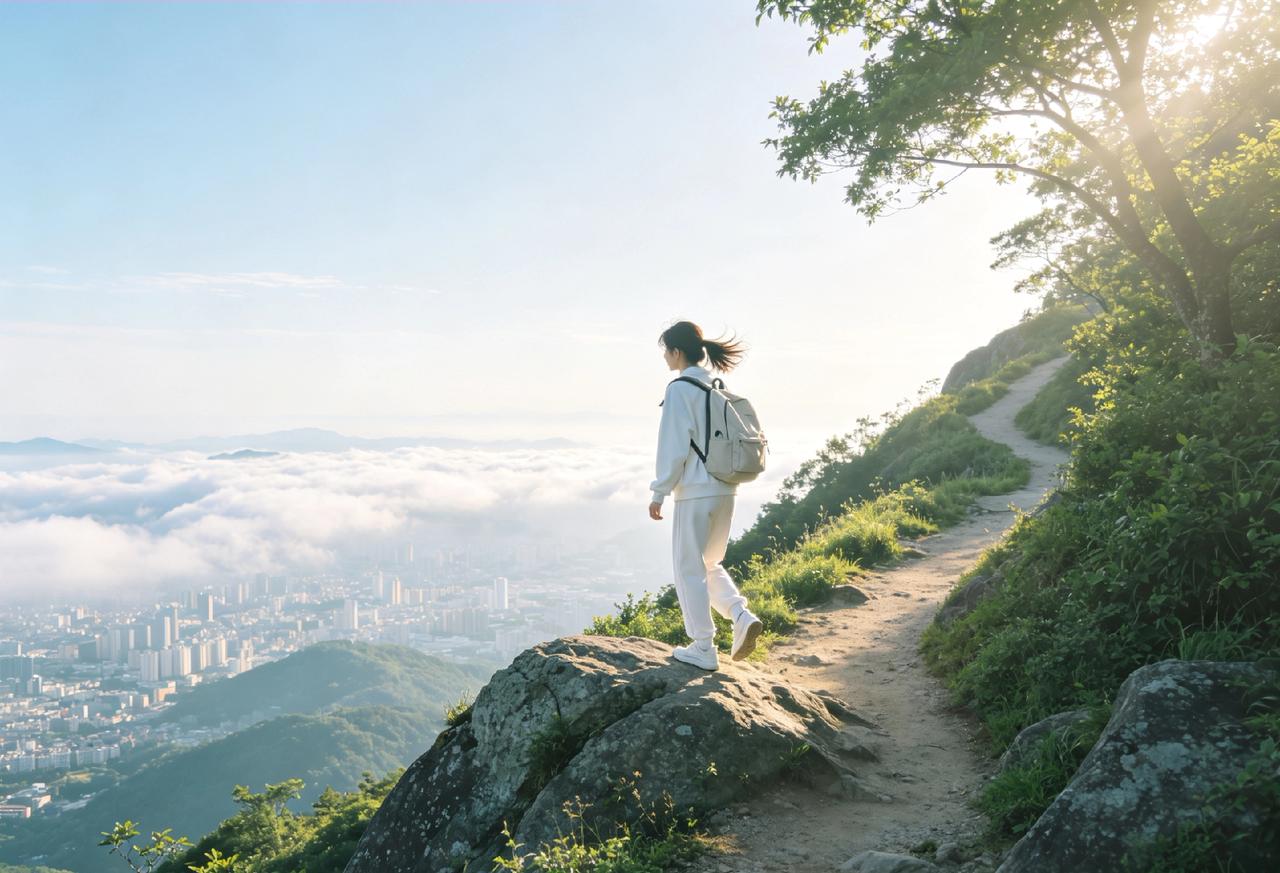 喜欢那种向上攀登的专注感——踩着山路往高处走，呼吸随着海拔慢慢加深。等站在山顶往