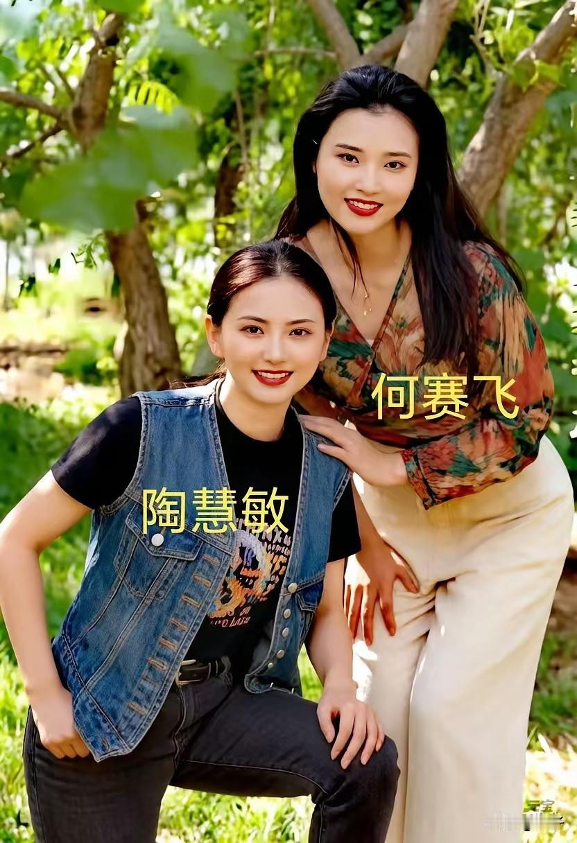 80年代，江南两个有名的美女何赛飞和陶慧敏两个女孩在树下拍的照，真的是笑眼如花，