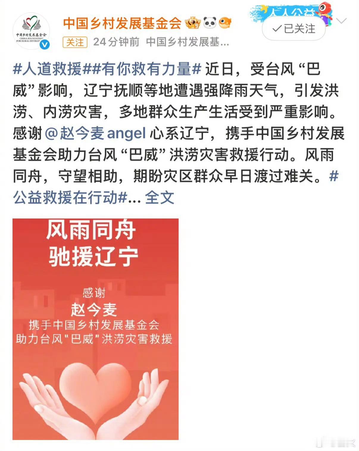 赵今麦驰援沈阳前两天看到沈阳暴雨的消息的时候，就猜到这个小女孩这次也会默默做公益