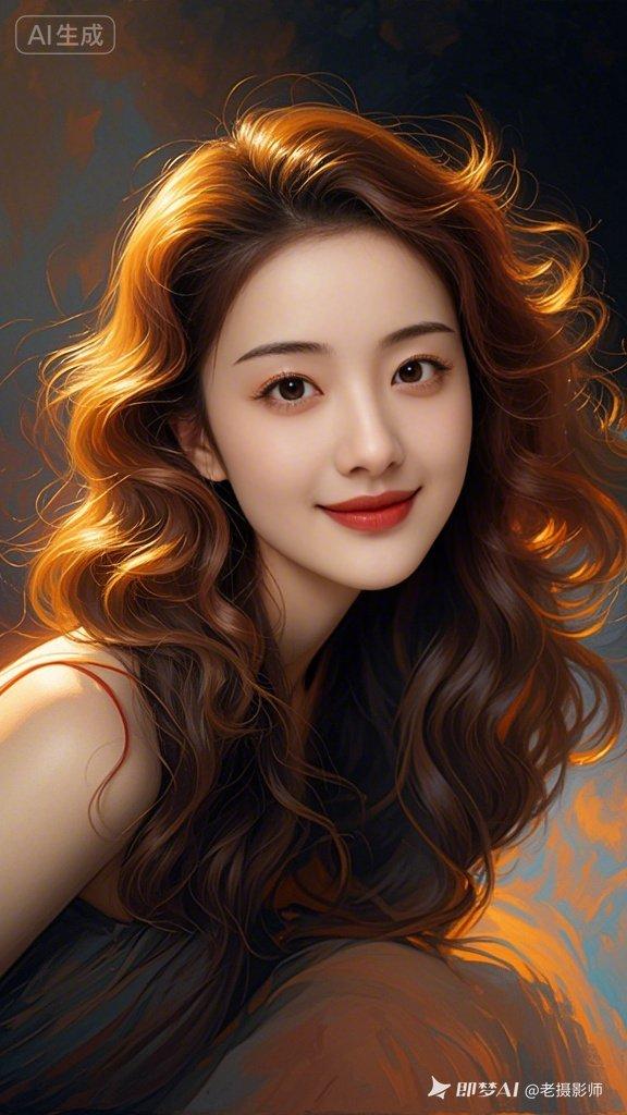 绝美东方女性，金棕垂坠微卷长发蓬松自然，冷白皮衬极致妆容，油亮丰唇动人。伦勃朗光