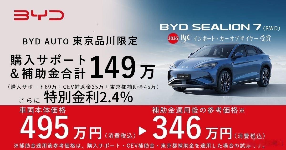 【日本电动车补贴惊人：比亚迪多款车型人民币售价与中国本土持平】日本东京品川区政府