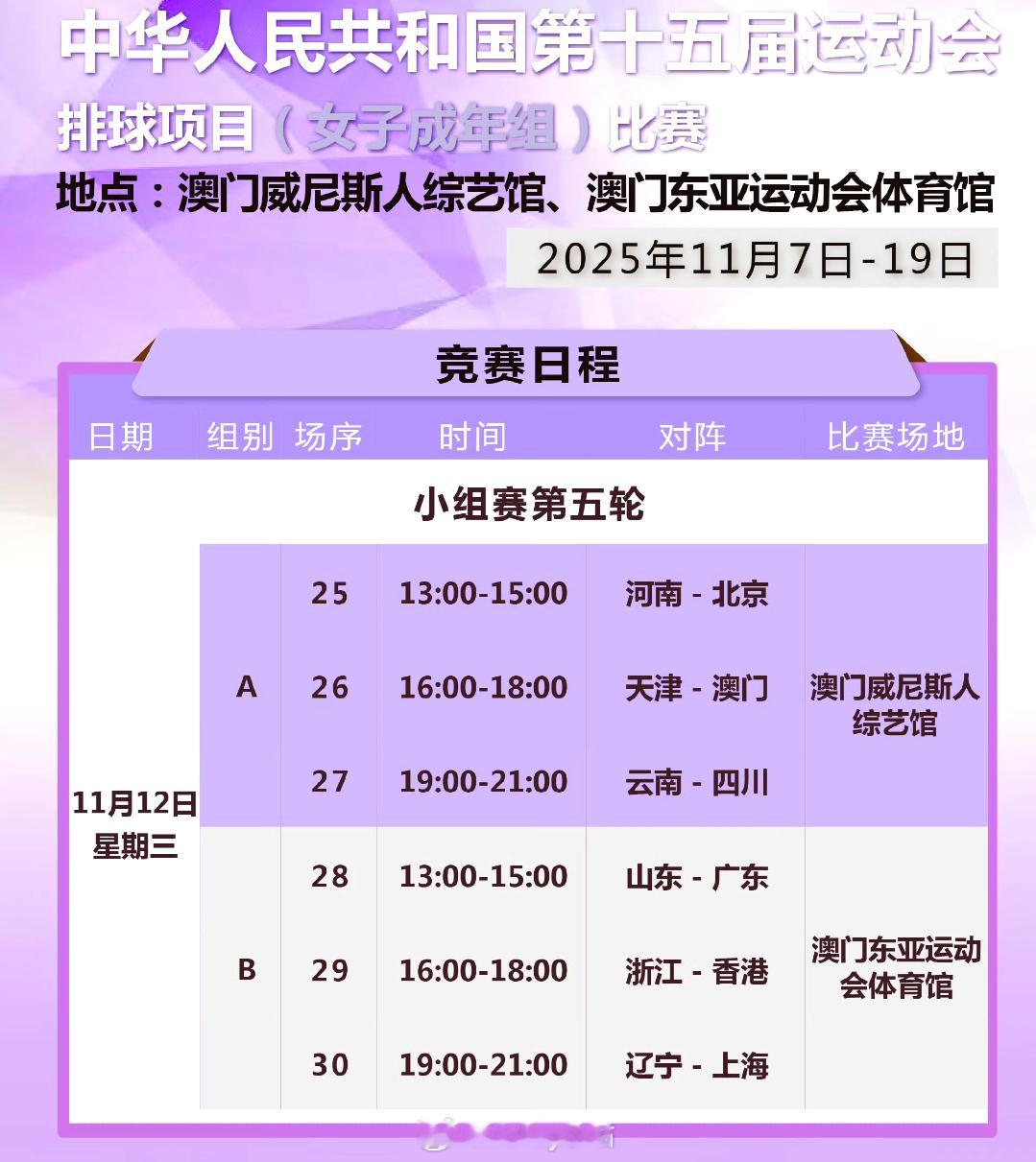 女排小组赛今日（11月12日）赛程安排