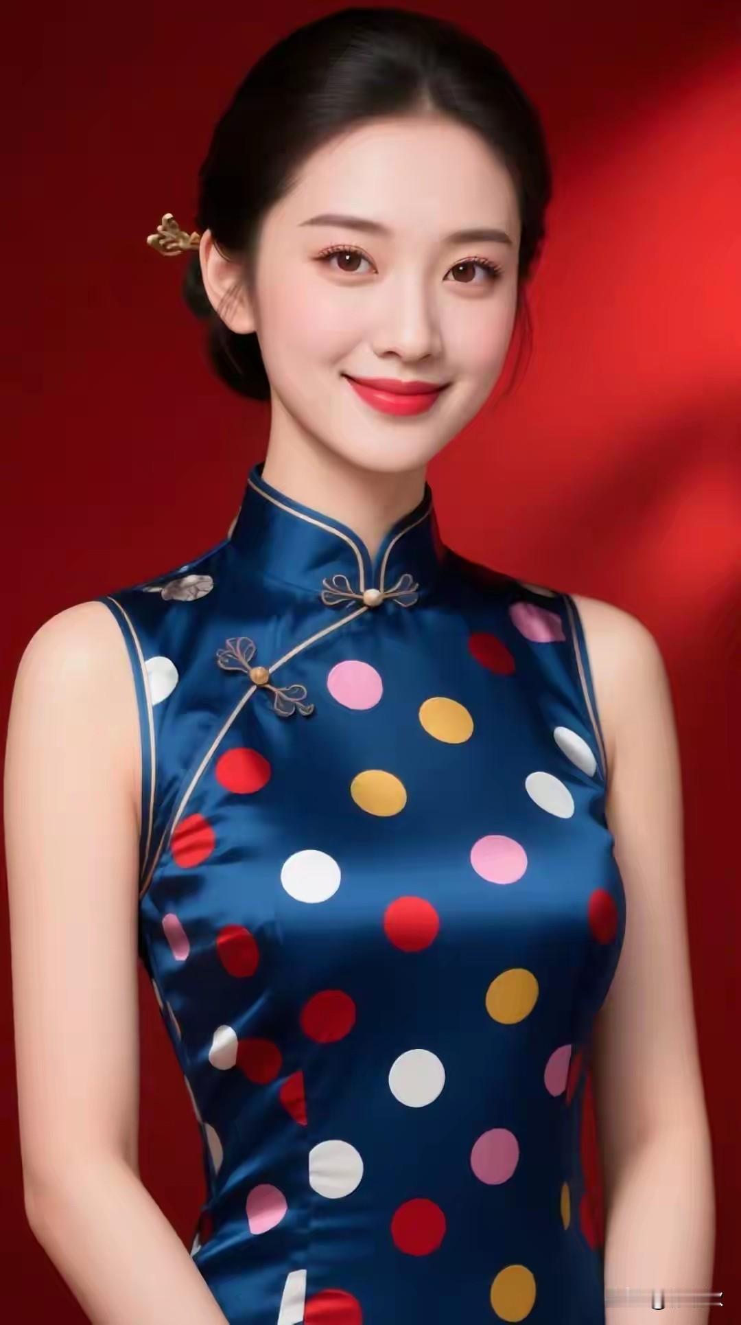 彩色圆点，图案旗袍
魅力旗袍，流动诗歌
剪裁勾勒，东方文化
婉约身姿，一抹丹红