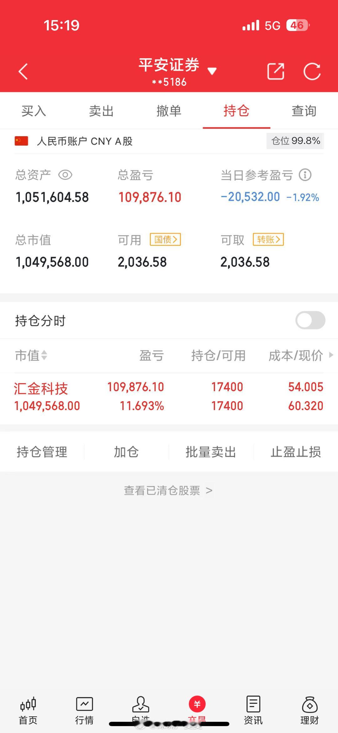 50万本金，目标一年做到500万，一年翻10倍（第26天）继续持有： 汇金科技3