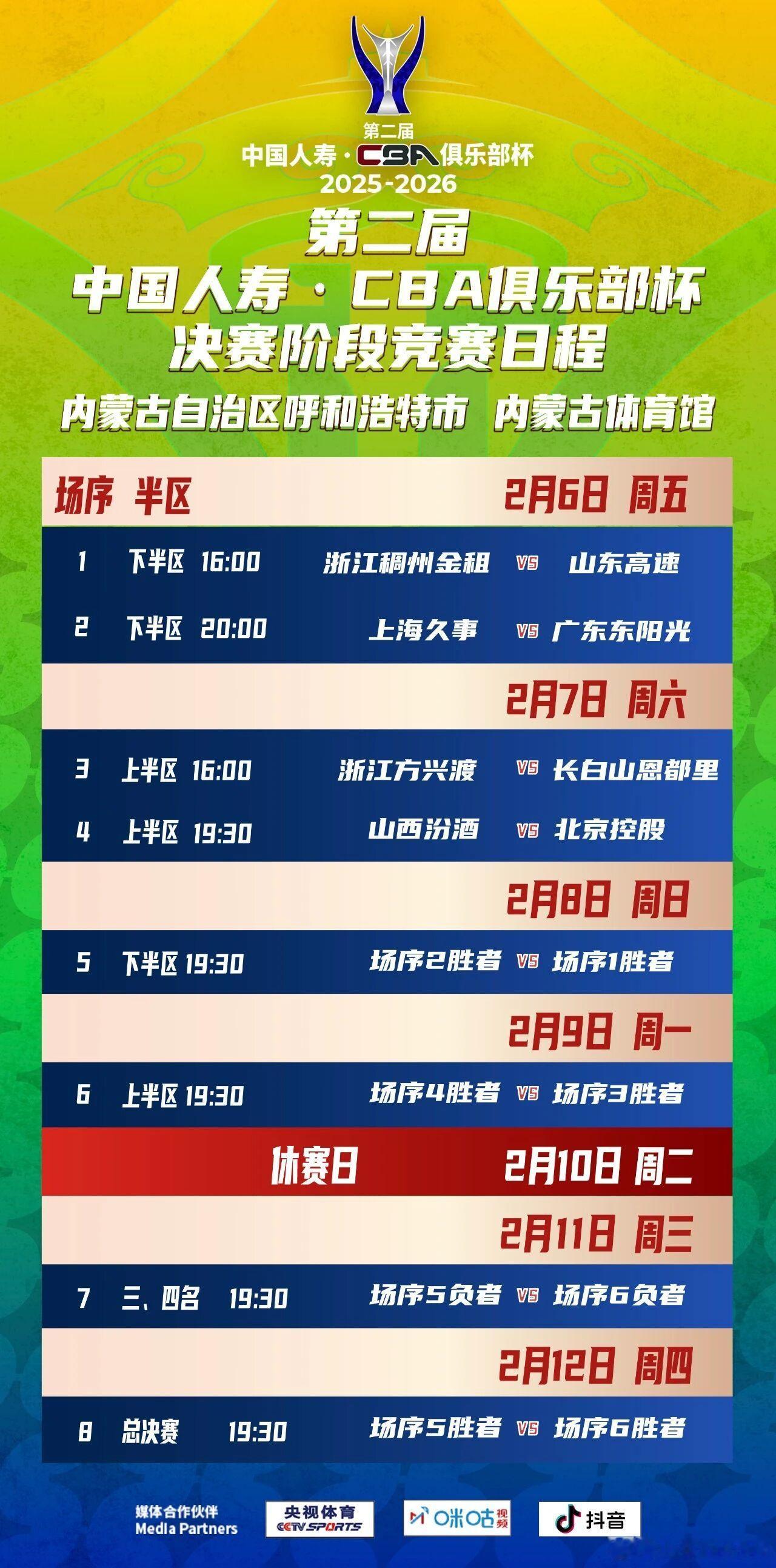 CBA俱乐部杯赛程出炉，山东高速于2月6日在呼和浩特对阵浙江稠州银行！ 