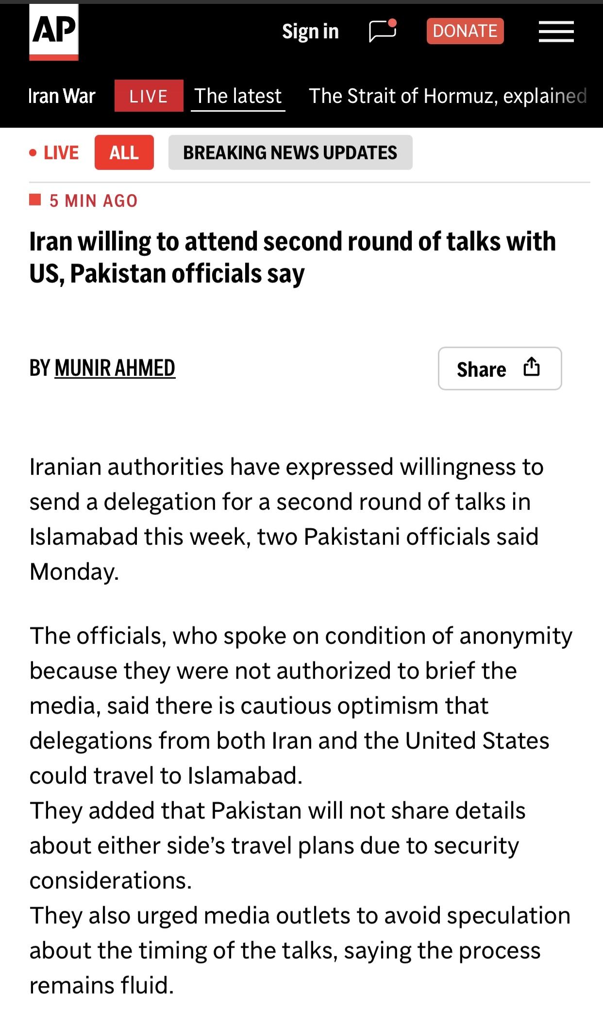 美联社：巴基斯坦官员称，伊朗愿意参加与美国举行的第二轮会谈

美联社4月29日电