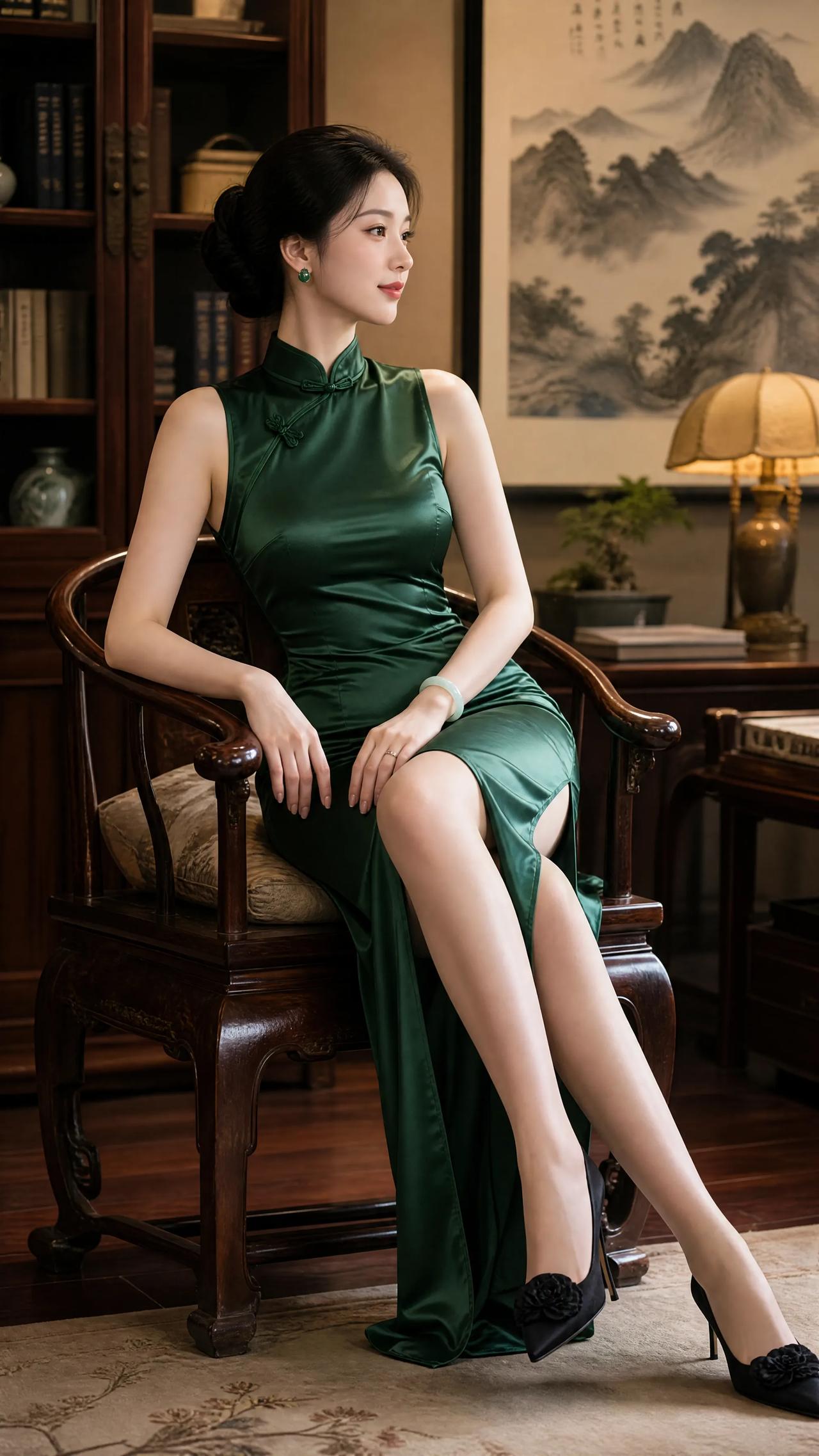 幽绿绸缎如墨染春水，贴合着起伏的曲线流淌。立领锁住一抹端庄，无袖剪裁却大方展露凝