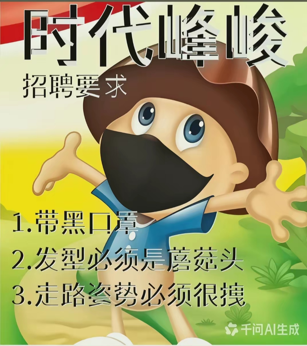 时代峰峻在招聘了时代峰峻趣味招聘梗图火了，要求应聘者戴黑口罩、留蘑菇头、走路气场