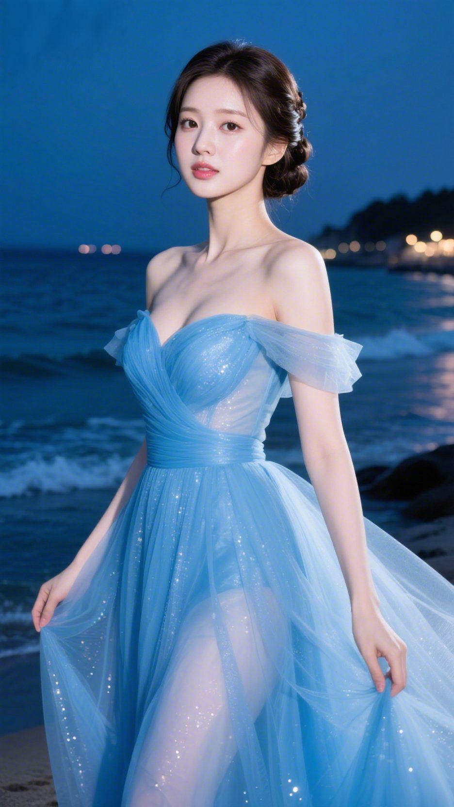 晚风拥蓝裙
 
暮色漫过海平线，一袭冰蓝纱裙揉进了夜的温柔。细碎的星光缀在裙摆，