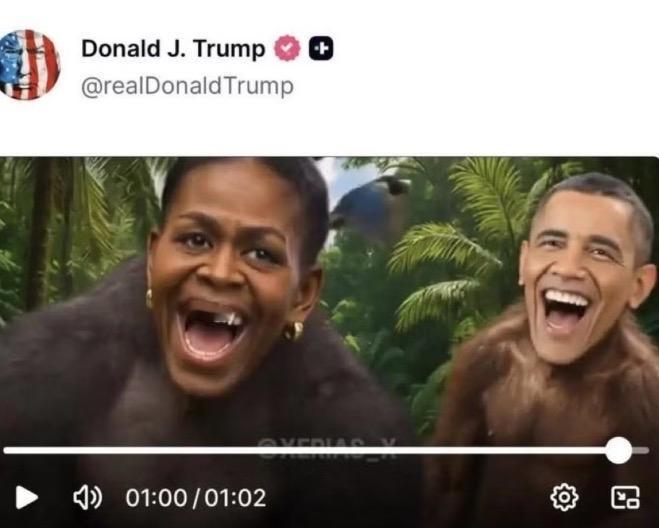 特朗普在社交媒体发布恶搞视频，将奥巴马夫妇丑化为猿猴，引发全美哗然。视频虽被下架