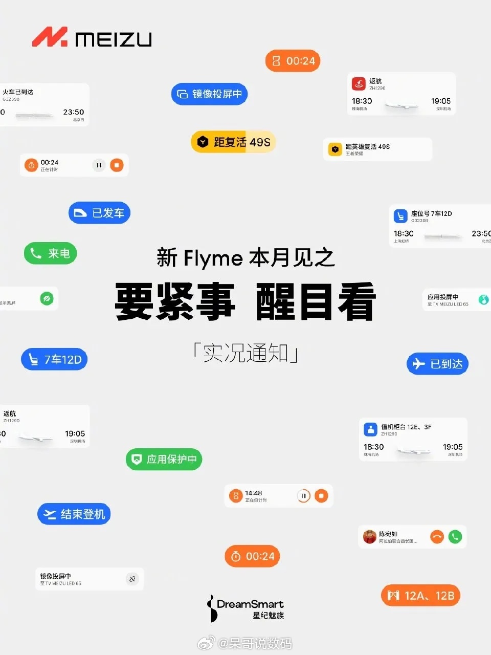又一手机系统上岛，魅族全新Flyme也加入了实况通知。主要包括：全新息屏动画、锁