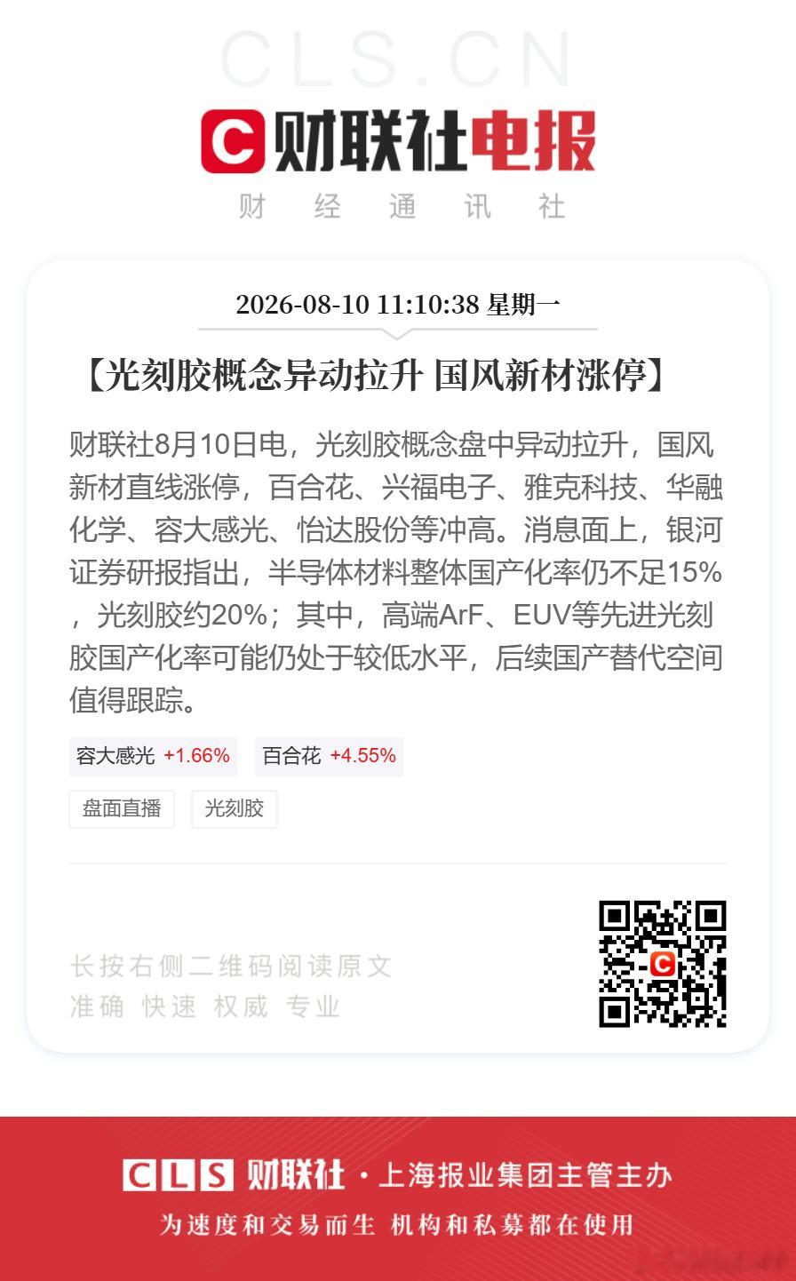 【光刻胶概念异动拉升国风新材涨停】财联社8月10日电，光刻胶概念盘中异动拉升，国