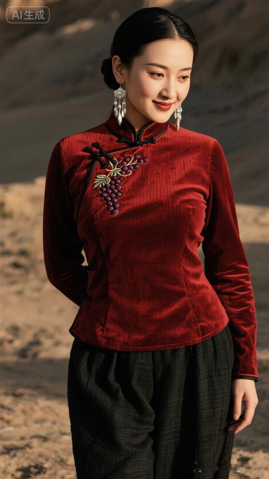 复古中国风，红衣配绿植，优雅气质，尽显东方韵味。