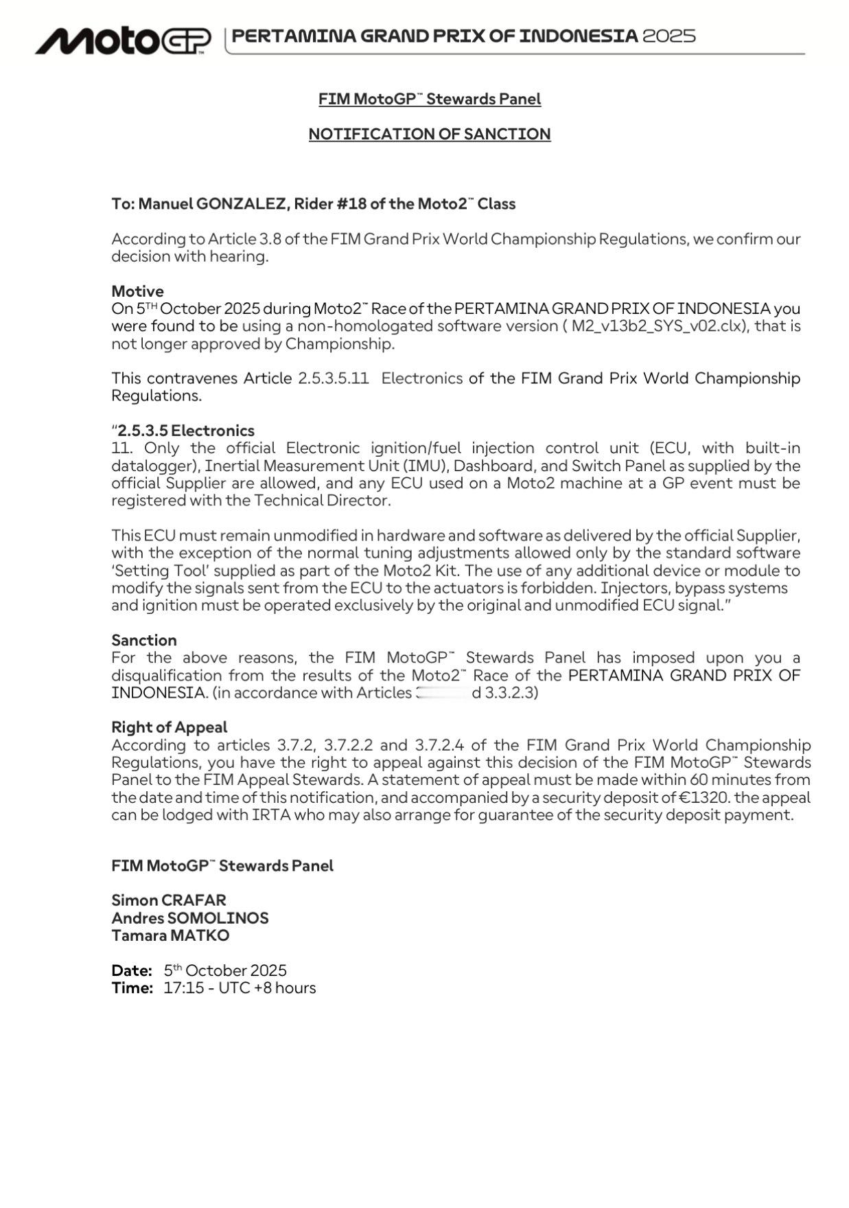 Moto2印尼站亚军冈萨雷斯由于使用了非官方认可的ECU软件版本，比赛成绩被取消