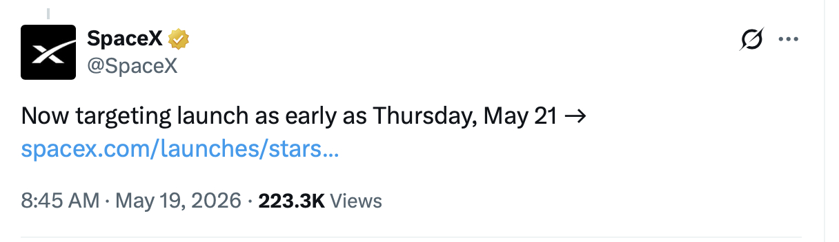 星舰第12飞不早于北京时间5月22日早上6时30分，参考：网页链接