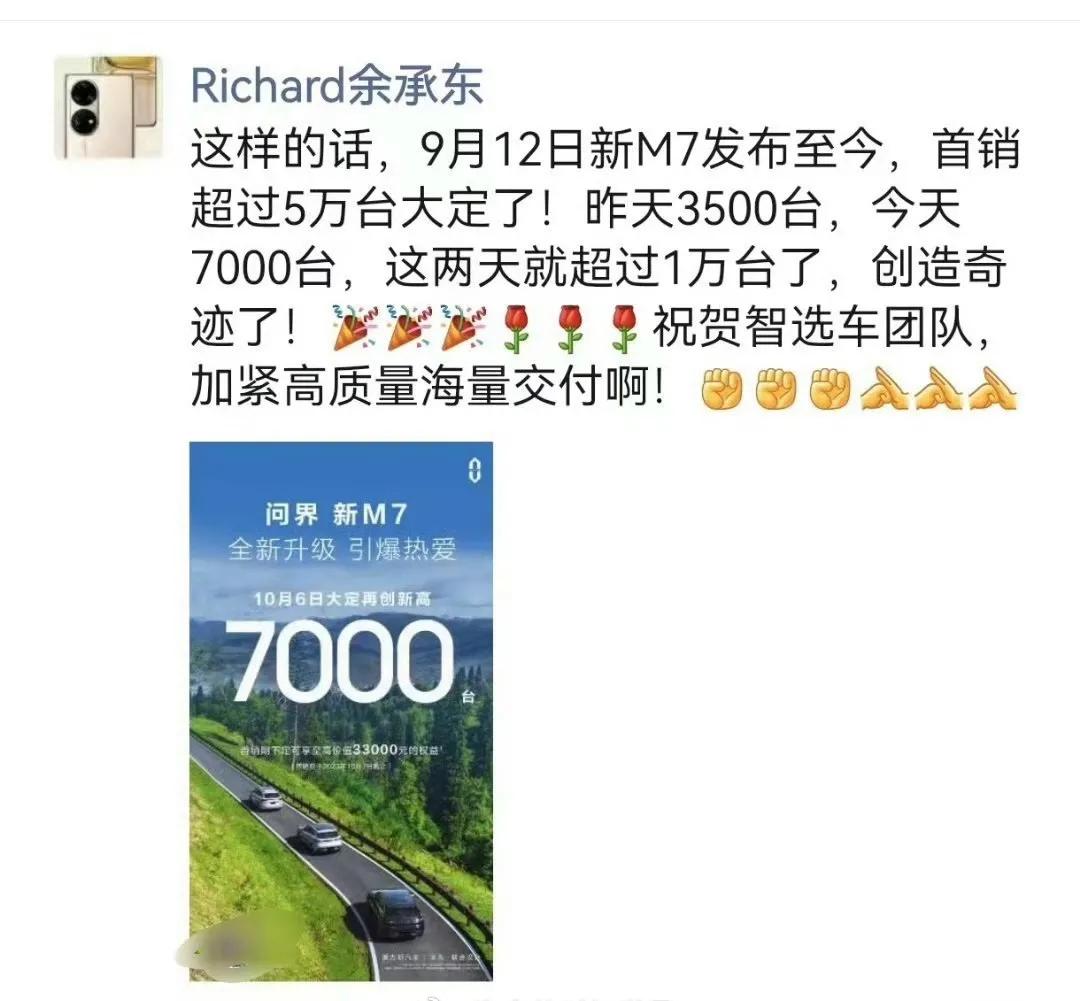 #问界新M7#新款问界m7在今天订单达到7000了，说实话这个销量太惊人了。
得