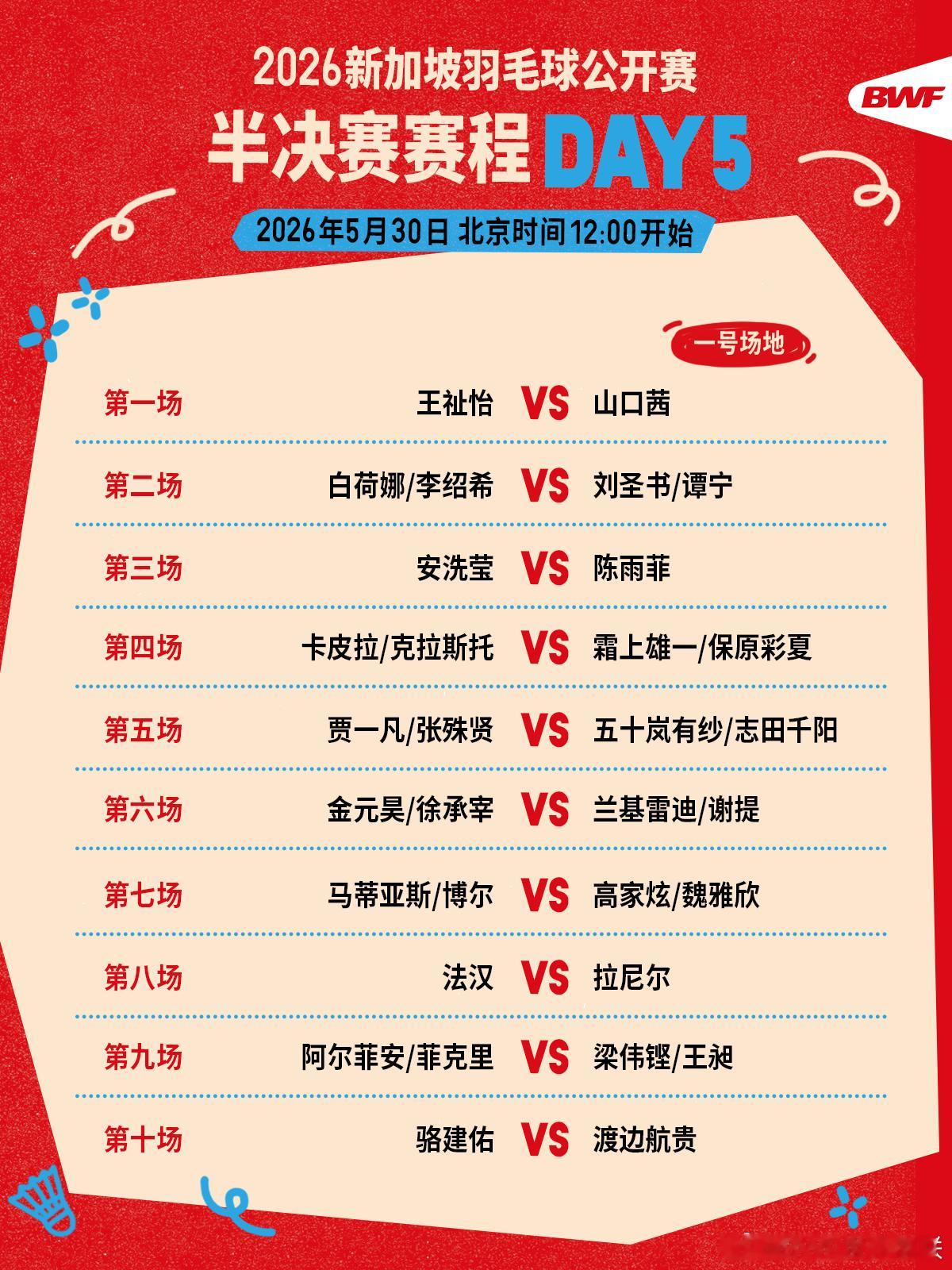 2026年新加坡羽毛球公开赛 半决赛赛程🔥第五日赛程 中午十二点开打🏸焦点战
