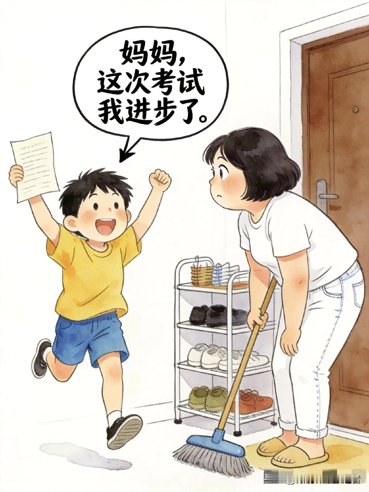 趣味漫画：儿子：妈妈，这次考试我进步了。妈妈：真的？儿子：上次倒数第二，这次倒数