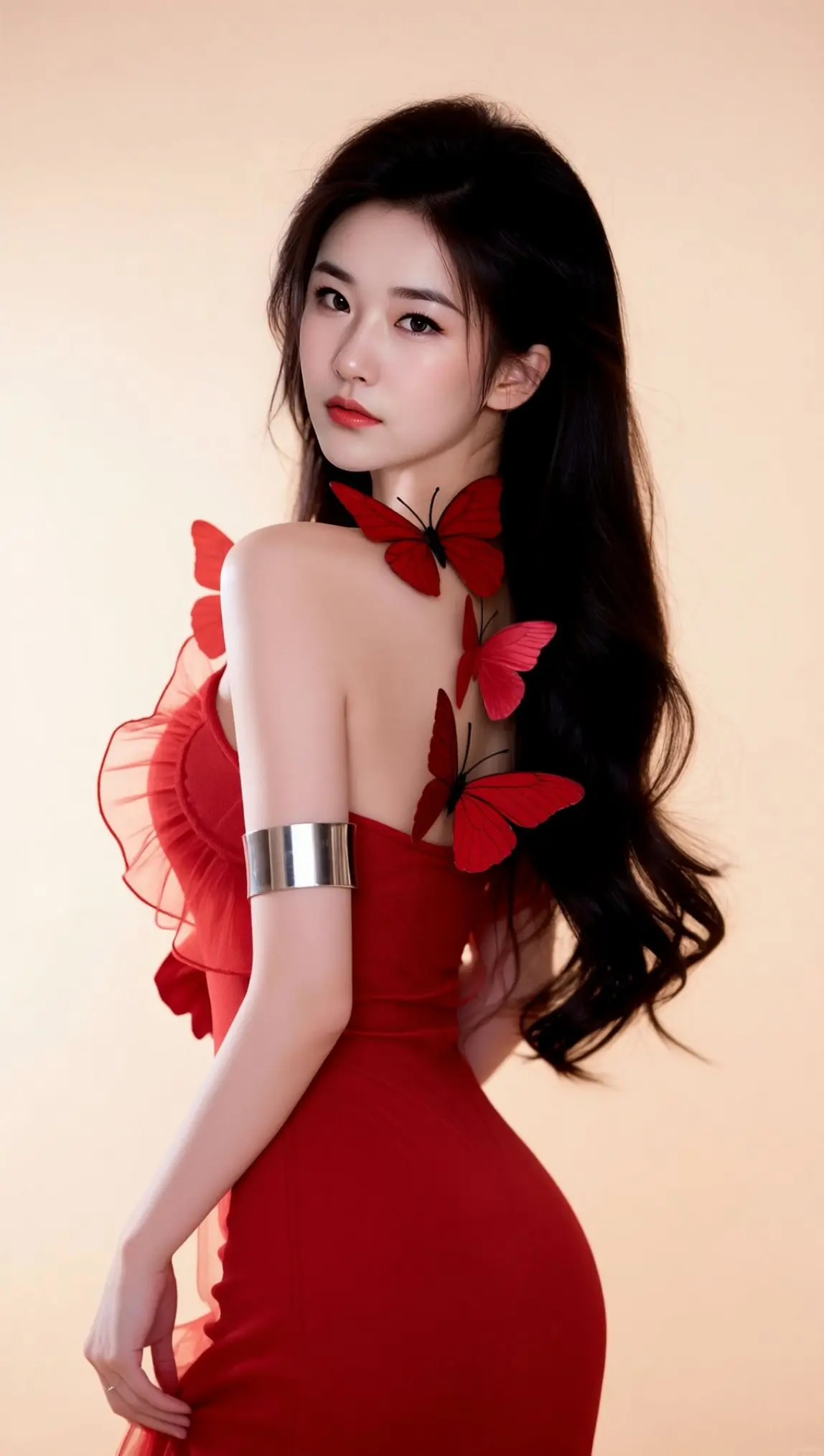 AI蝶影红裙照 ai创作