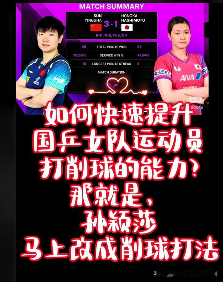 网上看到的一段话：

“要想提升国乒女运动员快速力克削球手的能力，那就是孙颖莎改