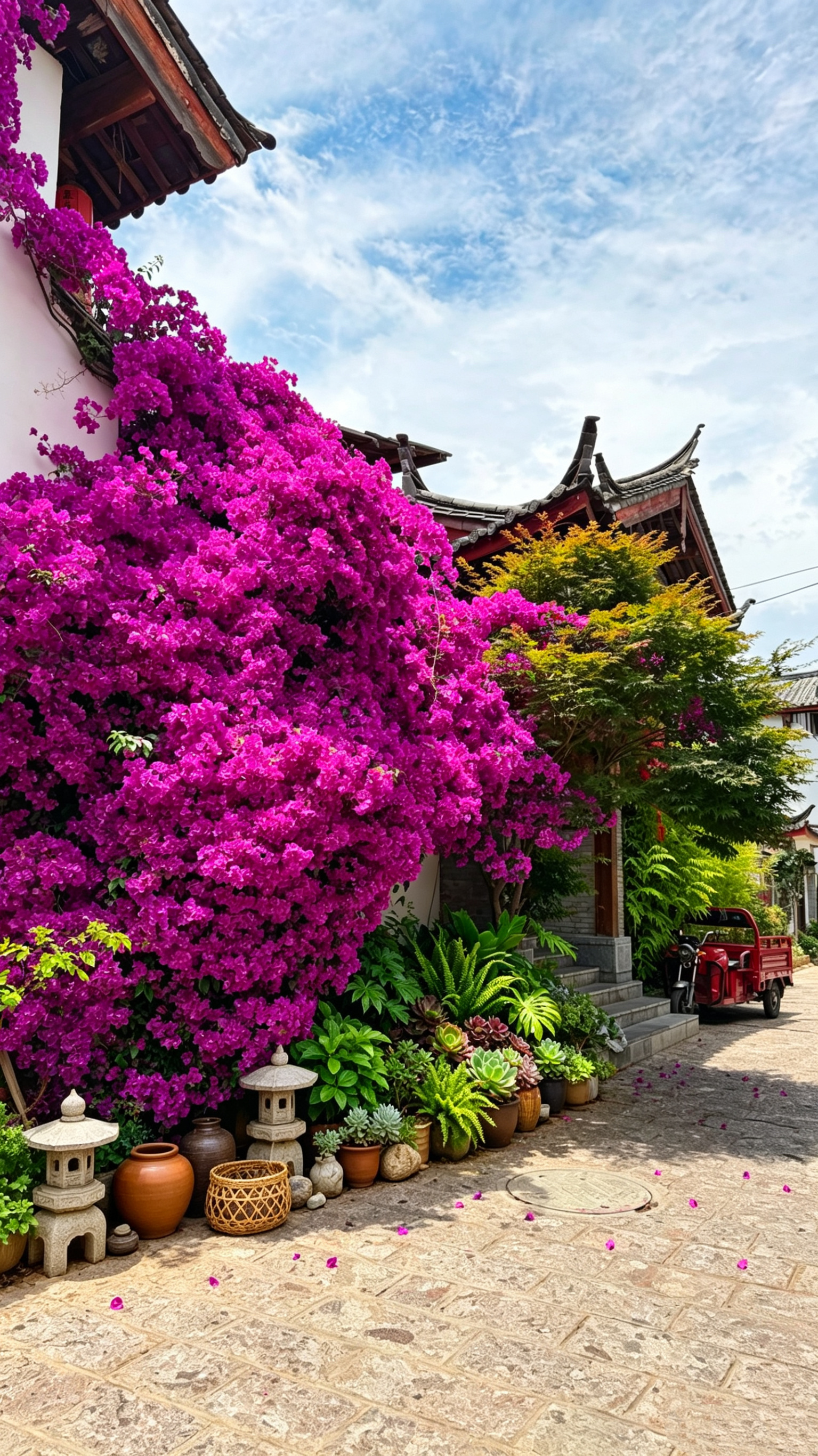 豆花名宿小院里的花和阳光都在努力营业，三角梅开成了瀑布，丽江今天也放晴了，老天大
