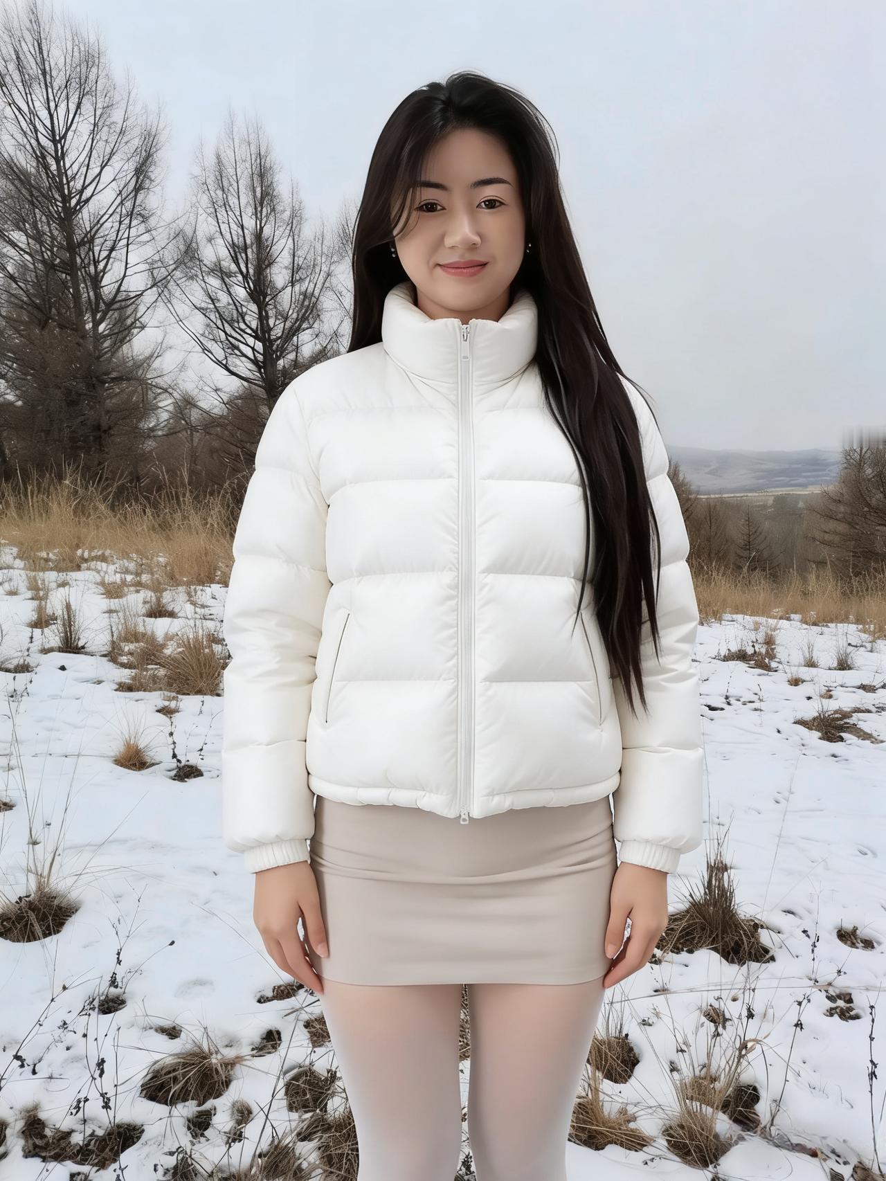 郊原初雪霁，寒树挂银妆。
素袄凝霜白，轻裾带露香。
眉弯含秀气，鬓软惹风长。
独