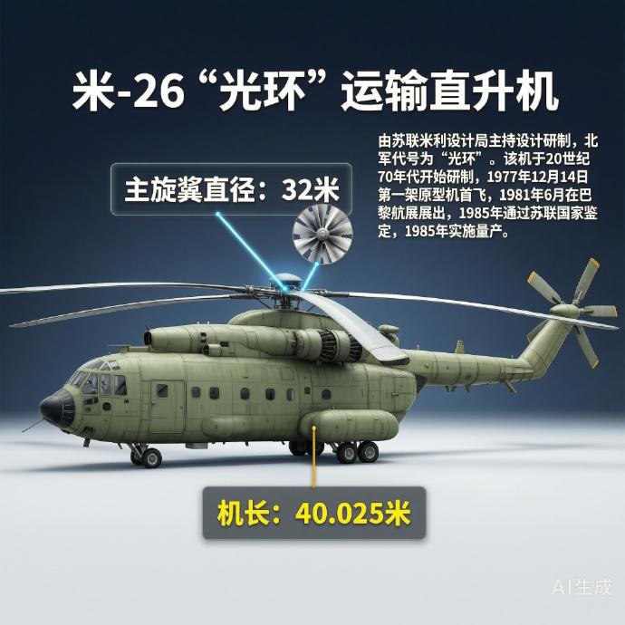 军事ai新视野 米-26“光环”运输直升机［苏］机长：40.025米主旋翼直径：