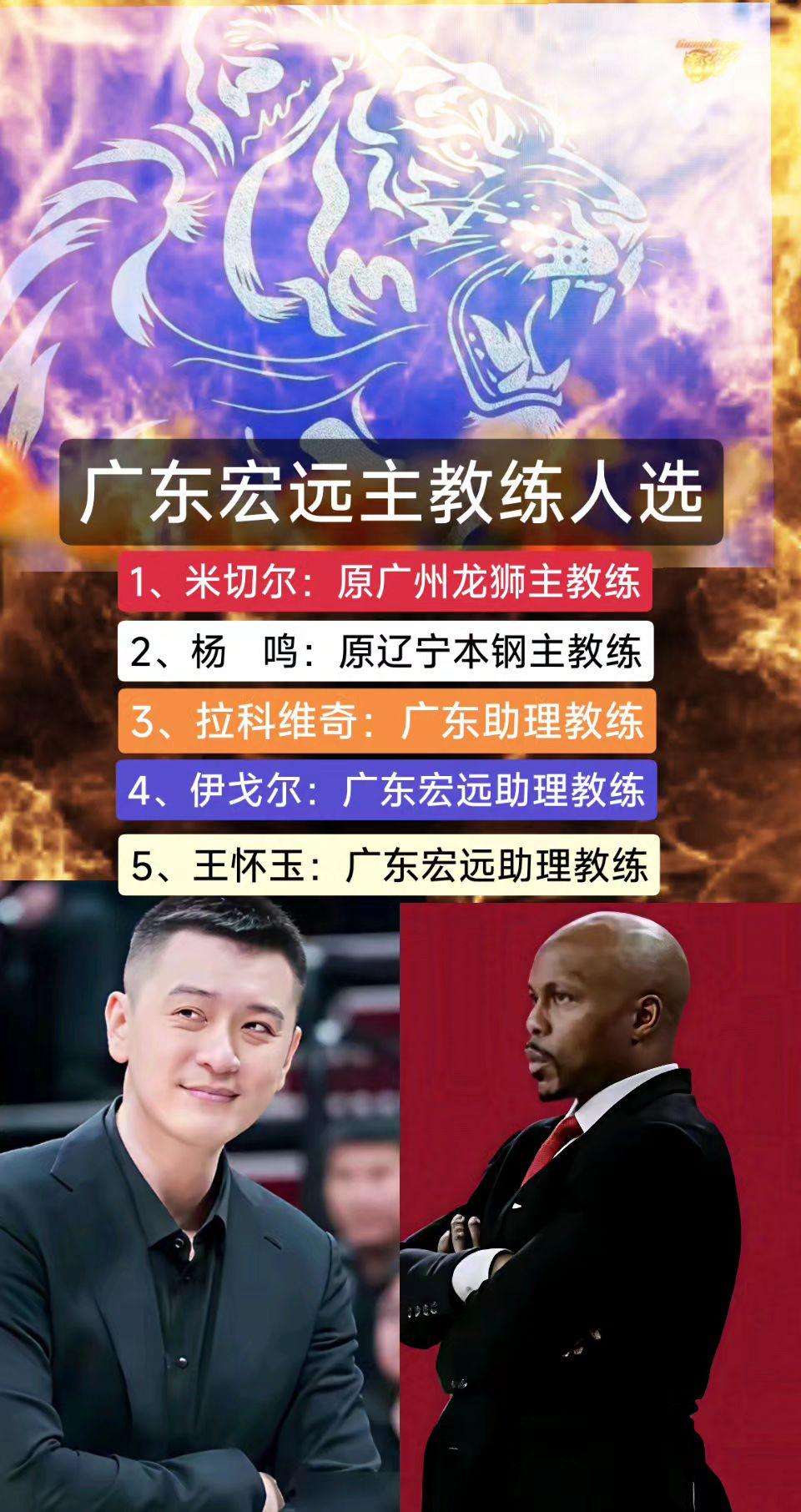广东宏远主教练杜锋辞职后，关于广东宏远的主教练人选也浮出水面，分别为米切尔，杨鸣