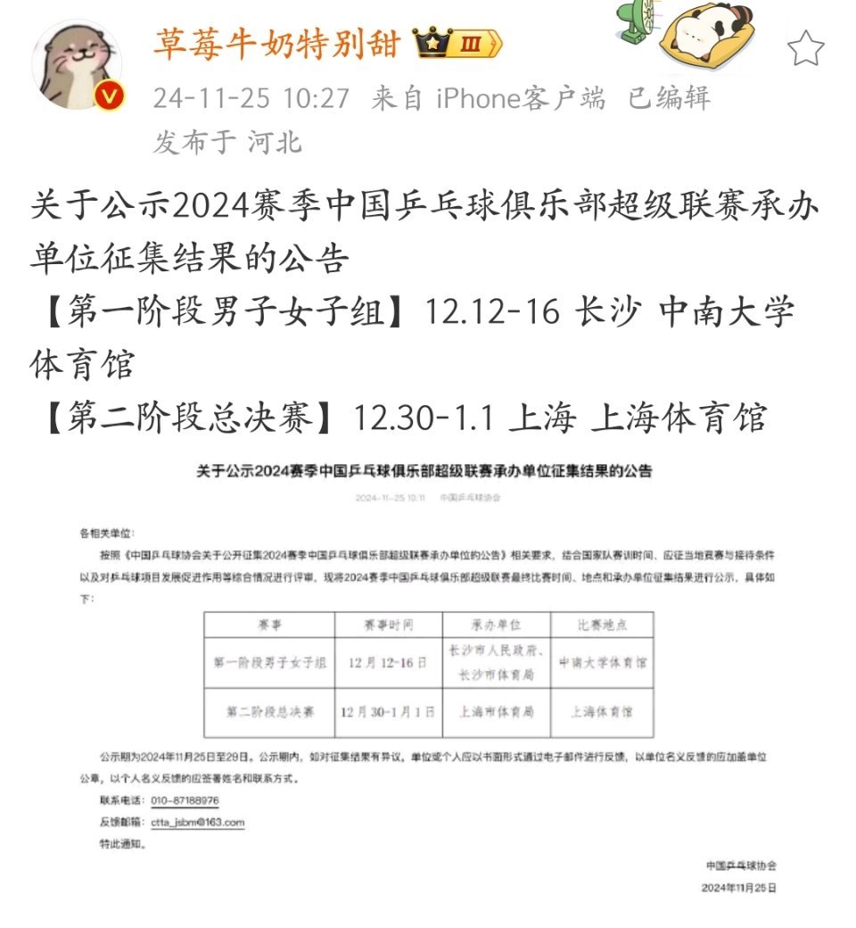 关于公示2024赛季中国乒乓球俱乐部超级联赛承办单位征集结果的公告【第一阶段男子