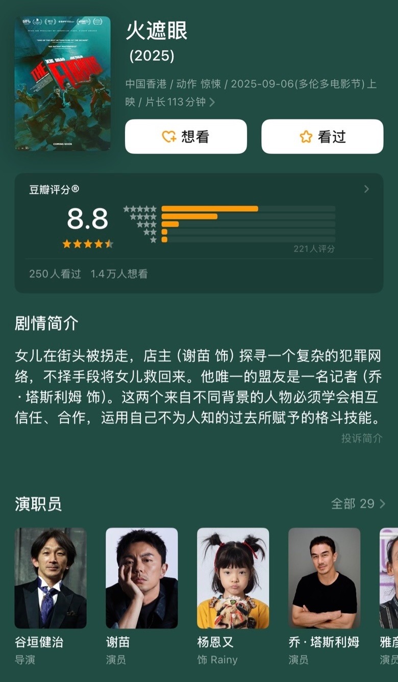 谷垣健治执导，谢苗主演的动作片《火遮眼》豆瓣开分8.8分！很多年没有豆瓣这么高分