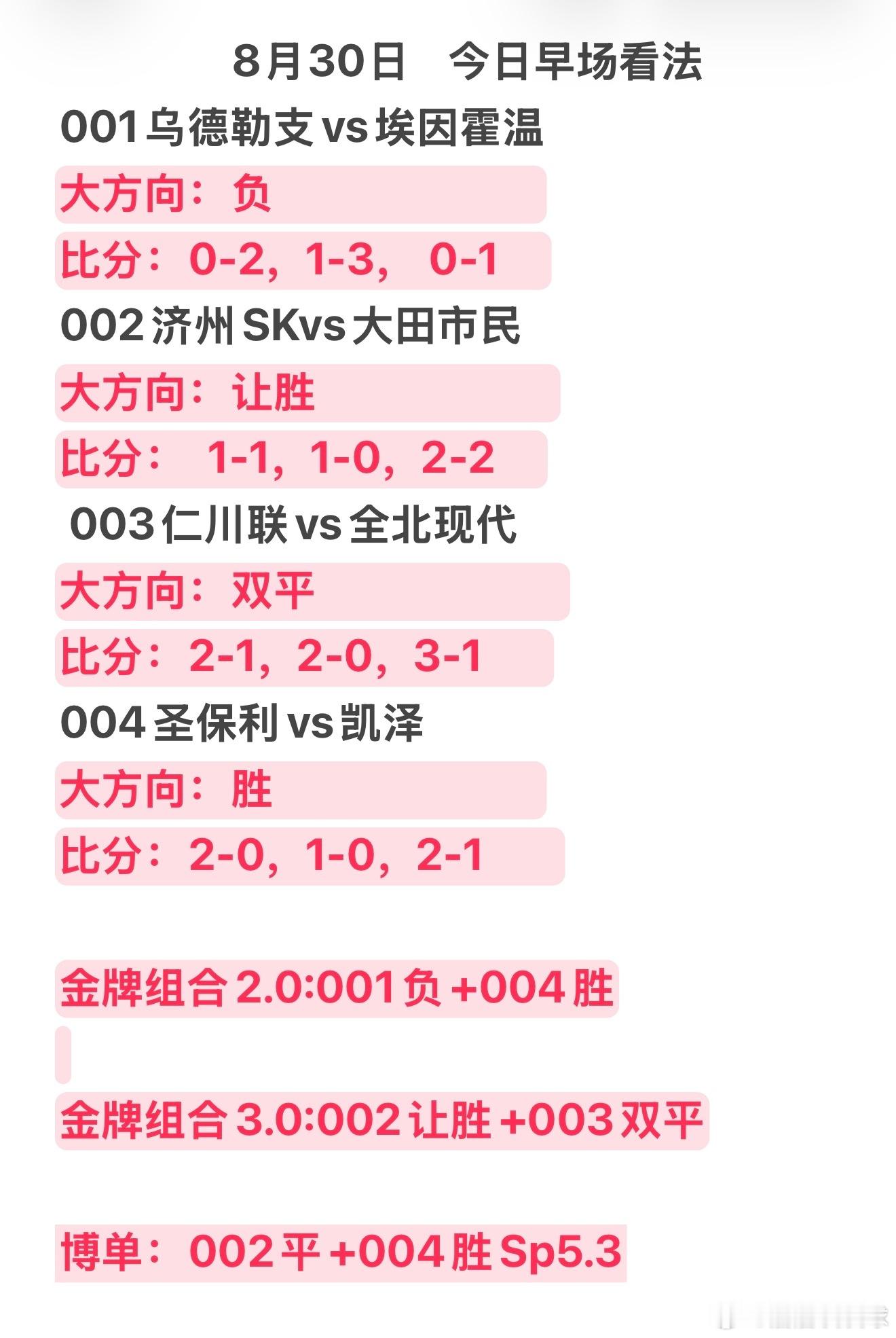 8月30日韩K联荷甲德乙早场赛事看法。愿赛果如预期，顺顺利利拿下[加油][加油]