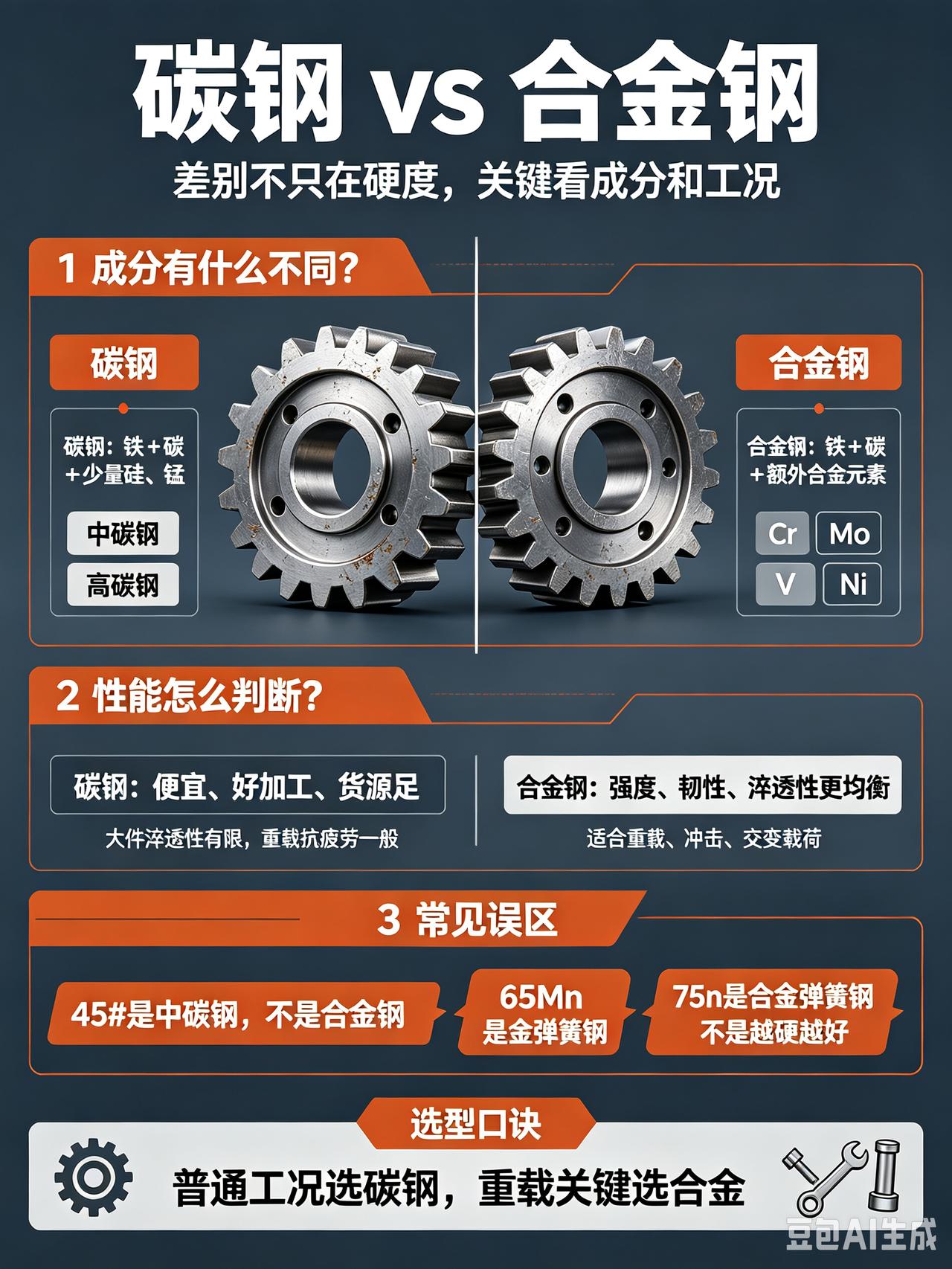 和碳钢有啥区别?
很多机械师傅、新手设计，干了好几年，
还是分不清 碳钢、合金钢