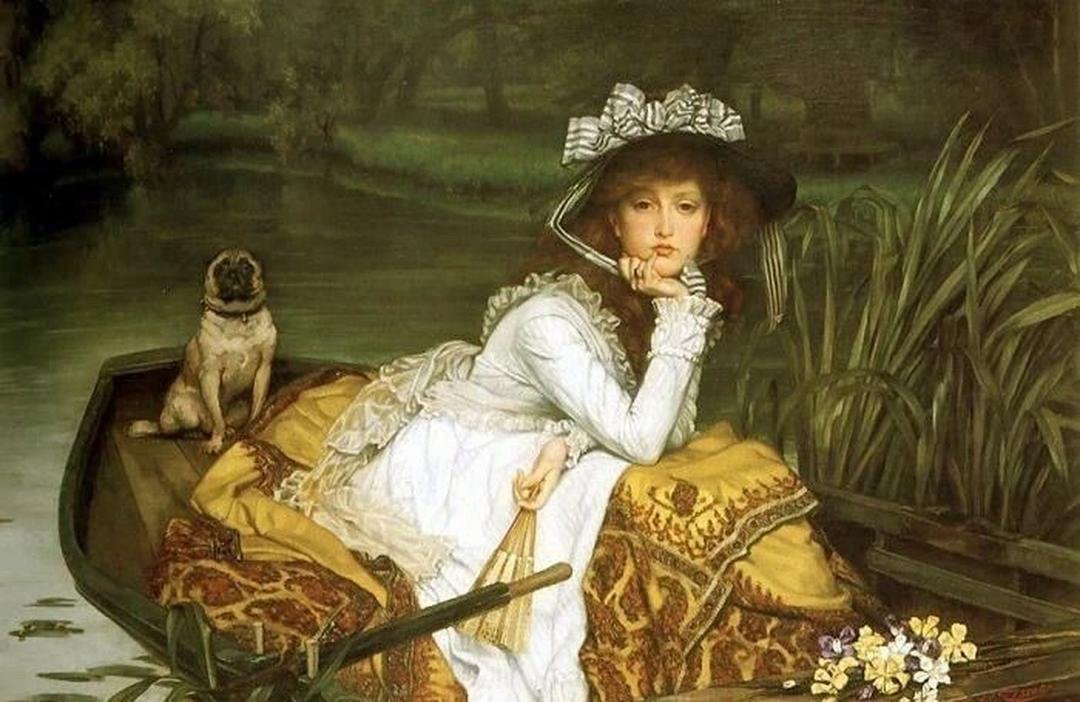 法国画家詹姆斯·迪索油画作品欣赏。他笔下的女子永远衣着精致，蕾丝花边、缎面裙摆的